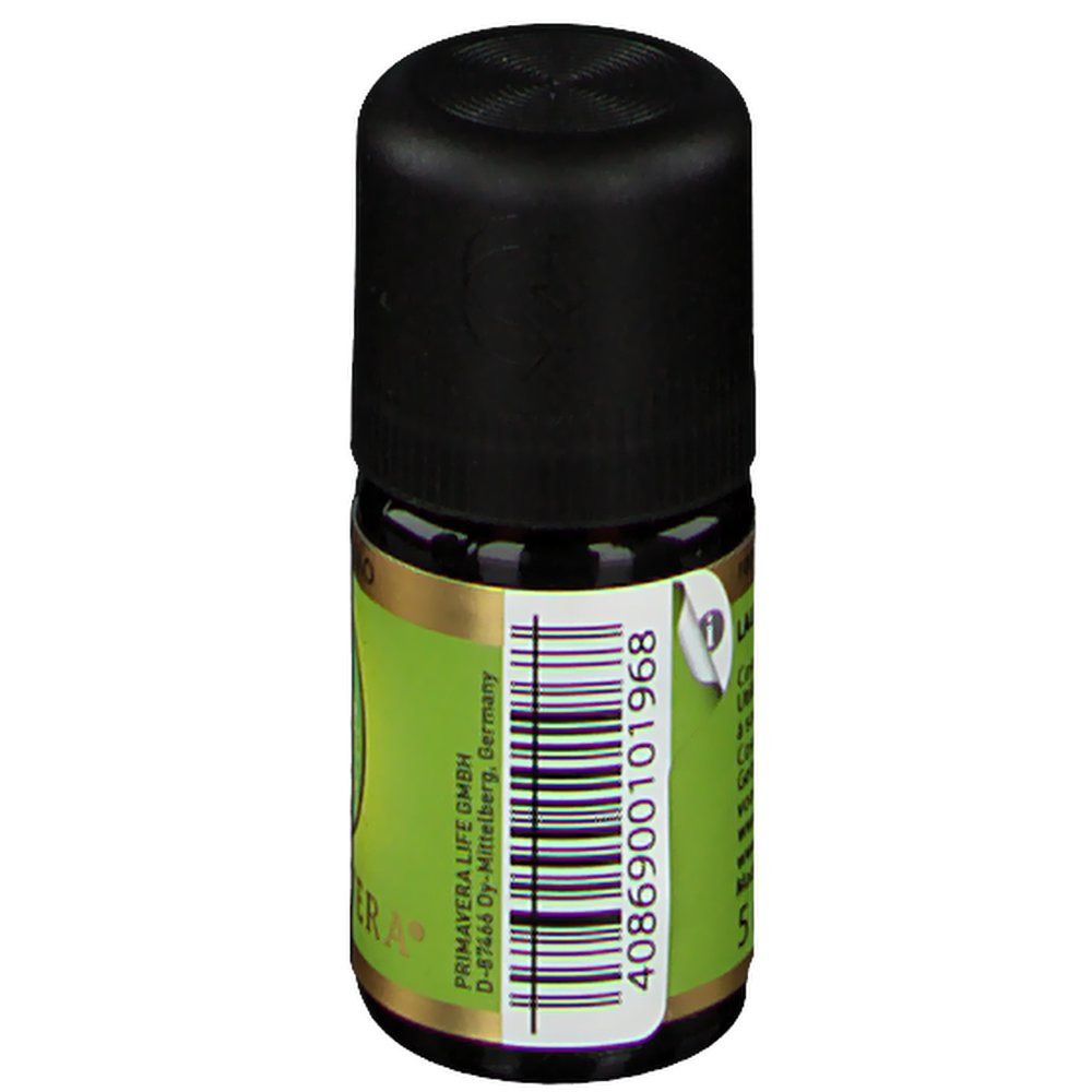 Bruine glazen fles met zwarte dop. Groen etiket met productinformatie en logo.