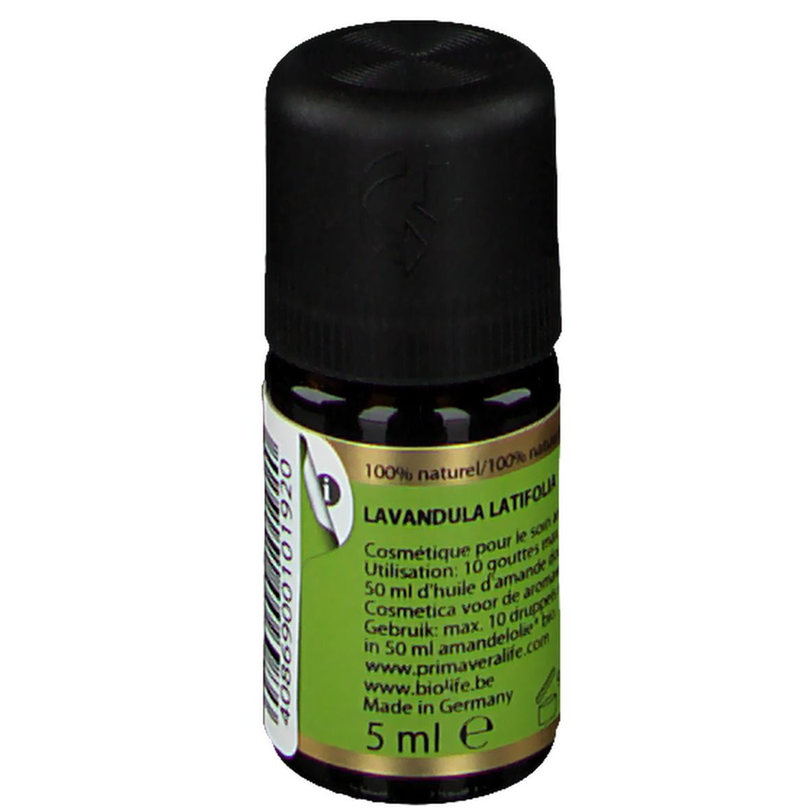 Flacon en verre brun avec bouchon noir. Étiquette verte avec texte. Inscription: Lavandula latifolia, 5 ml e, 100% naturel.