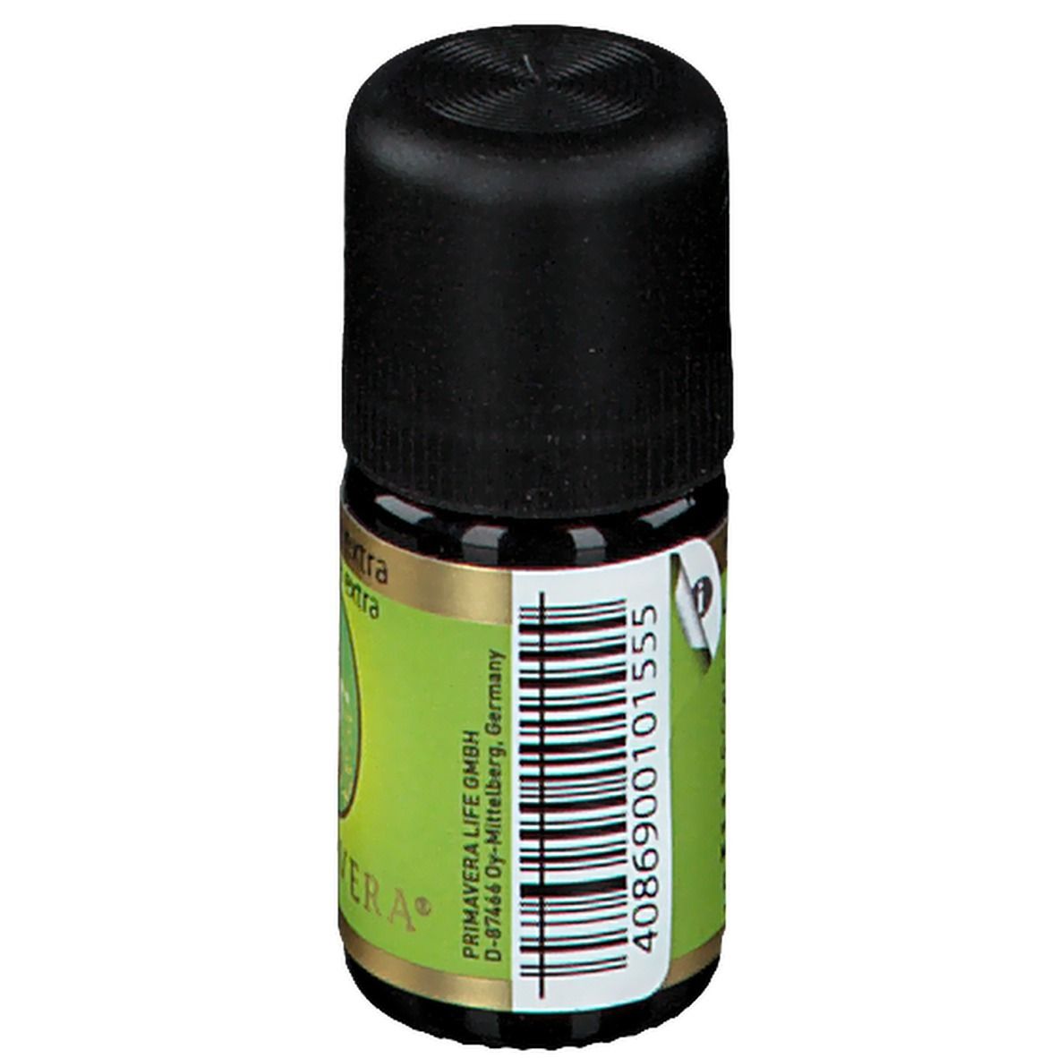 Kleine Glasflasche mit schwarzem Deckel. Etikett mit Barcode und Firmenadresse. Grün-goldenes Design.