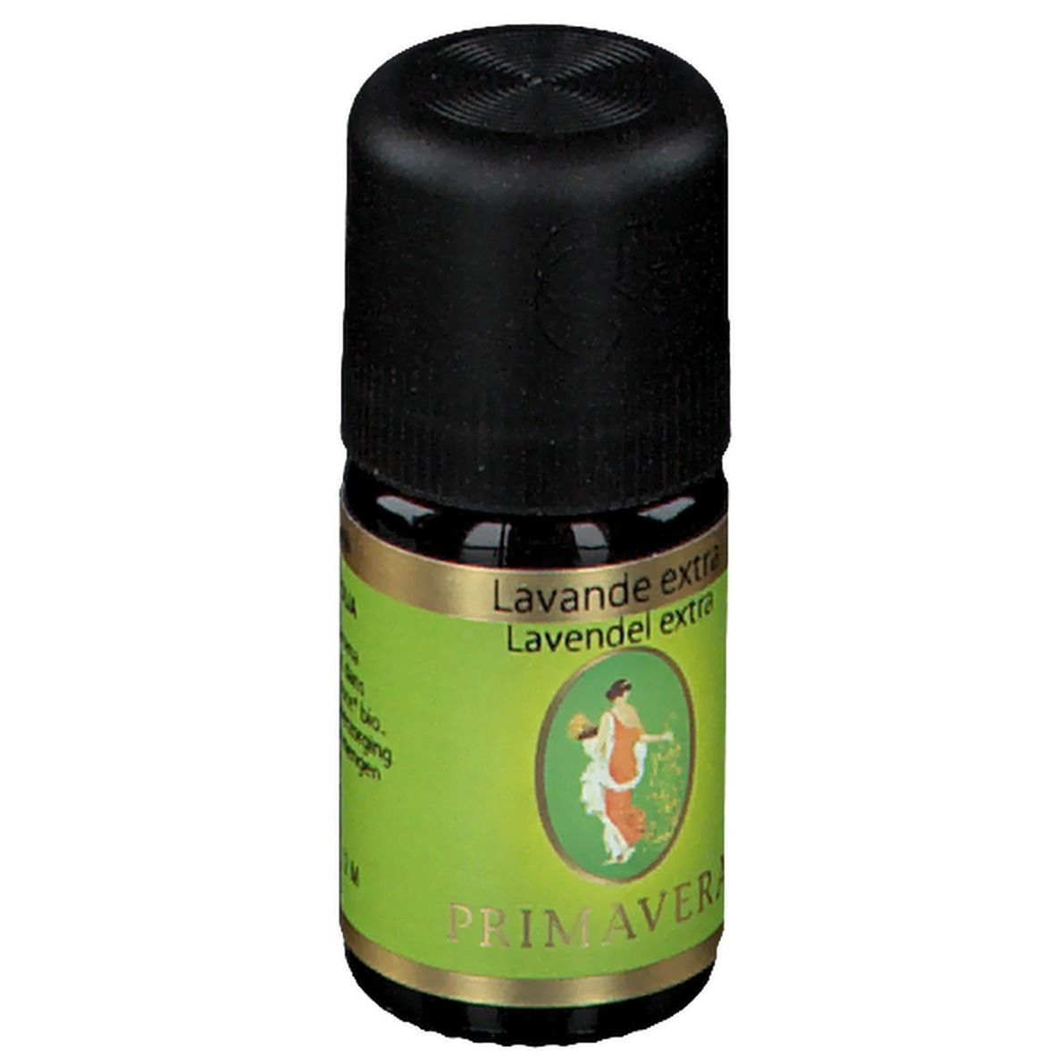 Kleine Glasflasche mit schwarzem Deckel. Etikett mit "Lavande extra" und "PRIMAVERA" Logo. Grün-goldenes Design.