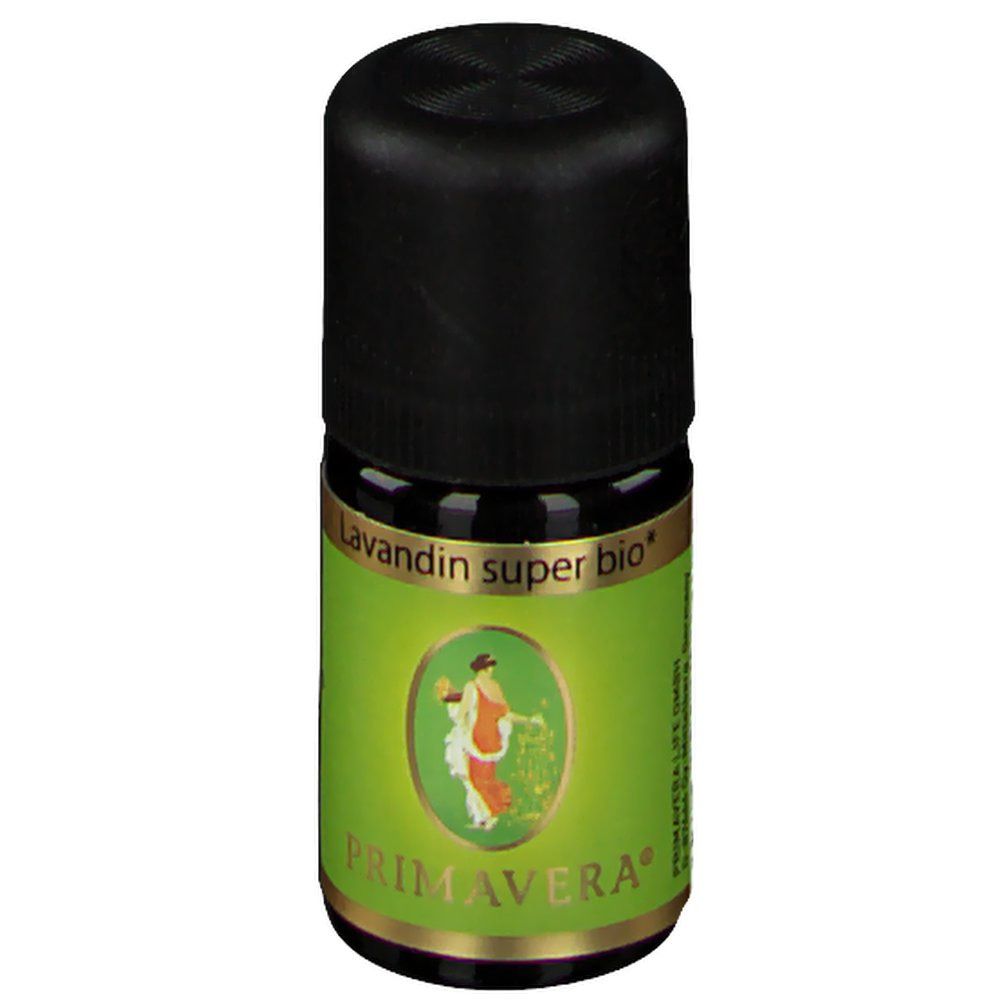 Petite bouteille en verre avec bouchon noir. Étiquette verte avec texte "Lavandin super bio" et logo PRIMAVERA.