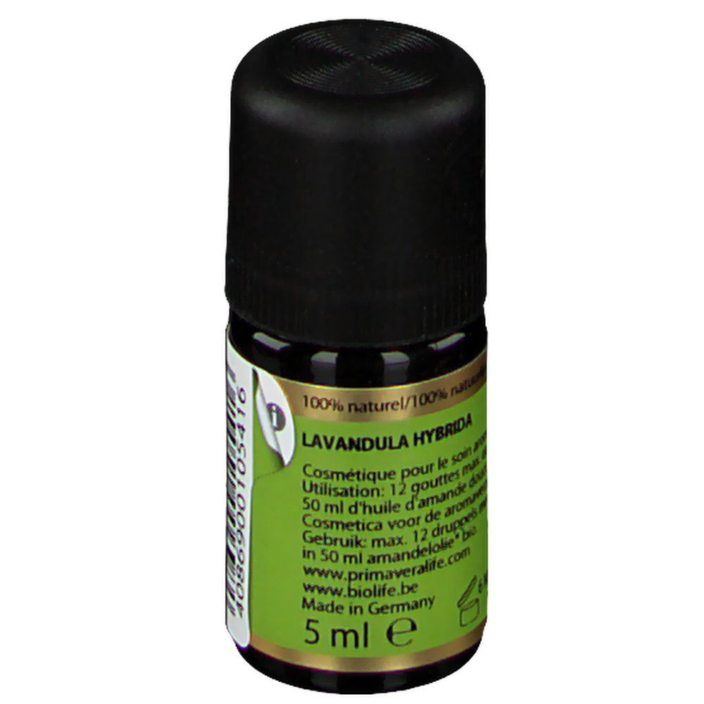 Petite bouteille en verre avec bouchon noir. Étiquette verte avec texte "LAVANDULA HYBRIDA" et 5 ml. Fabriqué en Allemagne.