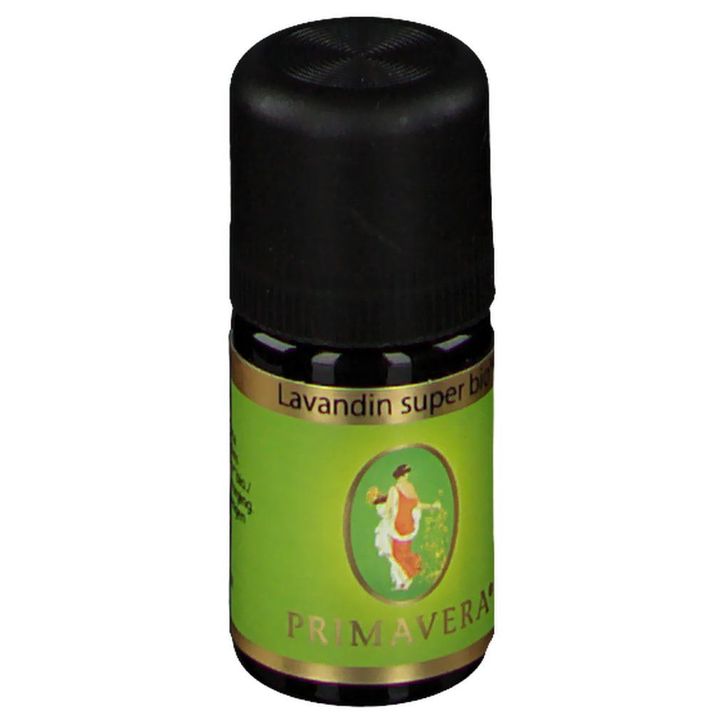Petite bouteille en verre avec bouchon noir. Étiquette verte avec texte "Lavandin super bio" et logo PRIMAVERA.