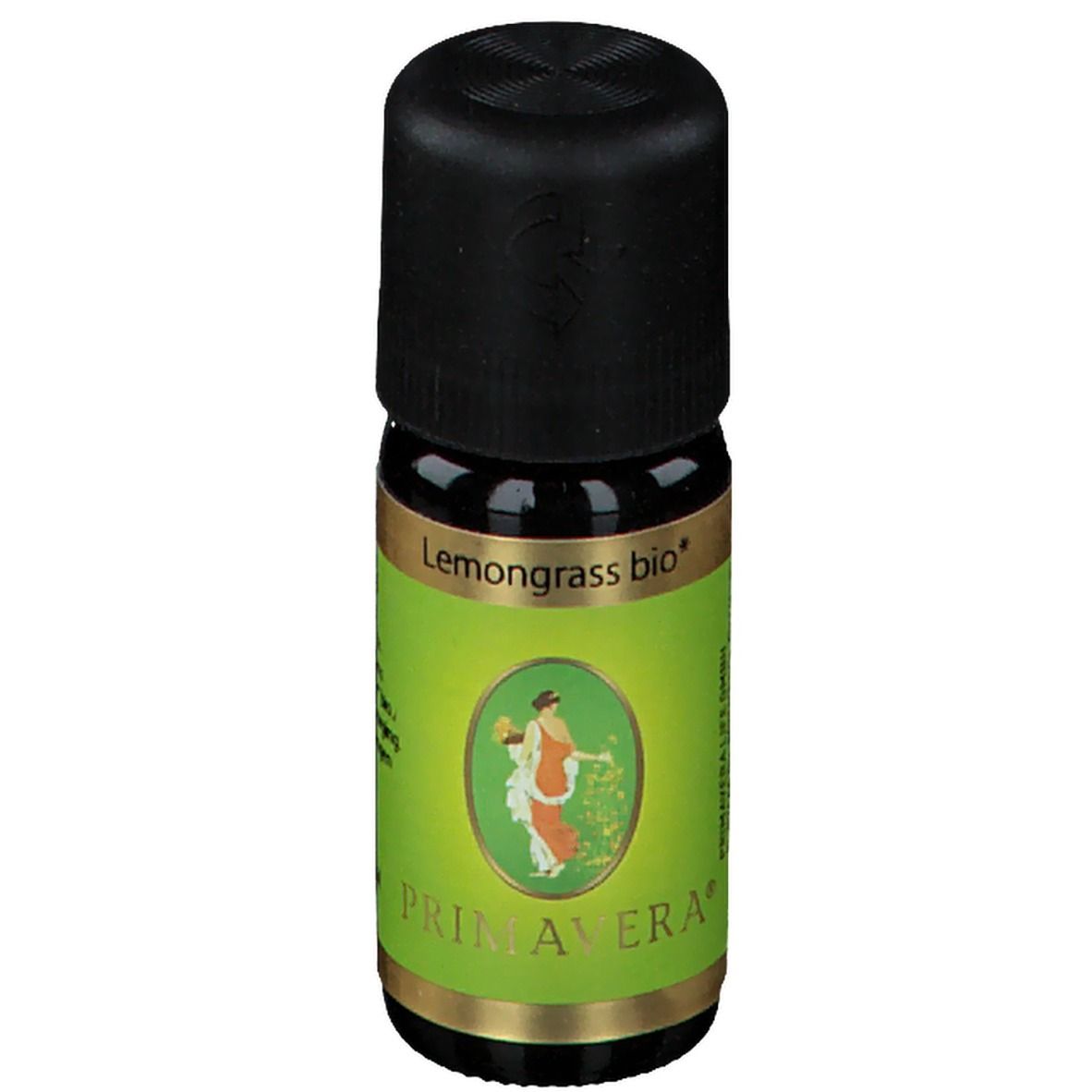 Flacon en verre brun avec bouchon noir. Étiquette "Lemongrass bio" et logo PRIMAVERA. Illustration d'une femme.