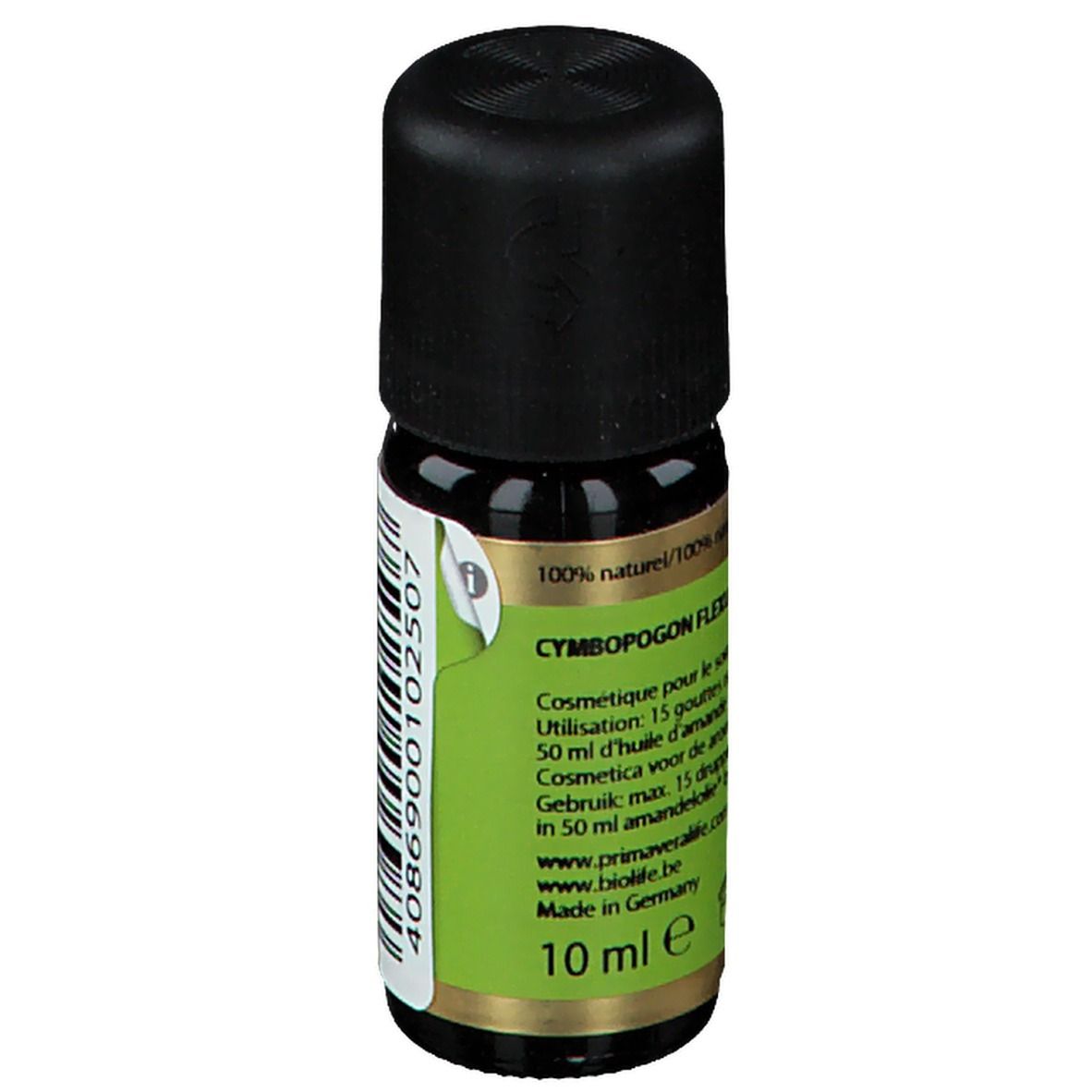 Flacon en verre brun avec bouchon noir. Étiquette avec texte: CYMBOPOGON FLEXUOSUS, 100% naturel, 10 ml, Made in Germany.