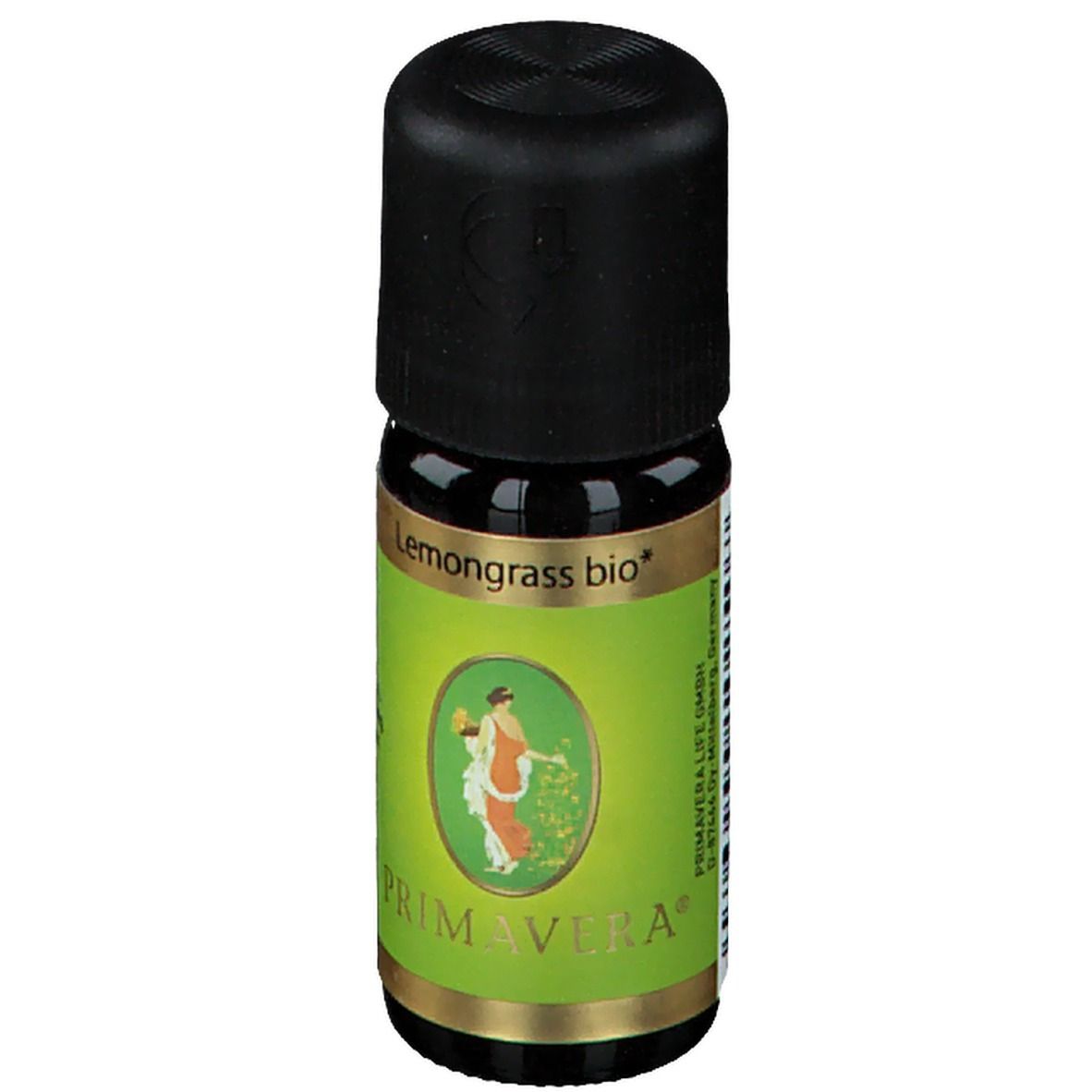Flacon en verre brun avec bouchon noir. Étiquette "Lemongrass bio" et logo PRIMAVERA. Illustration d'une femme.