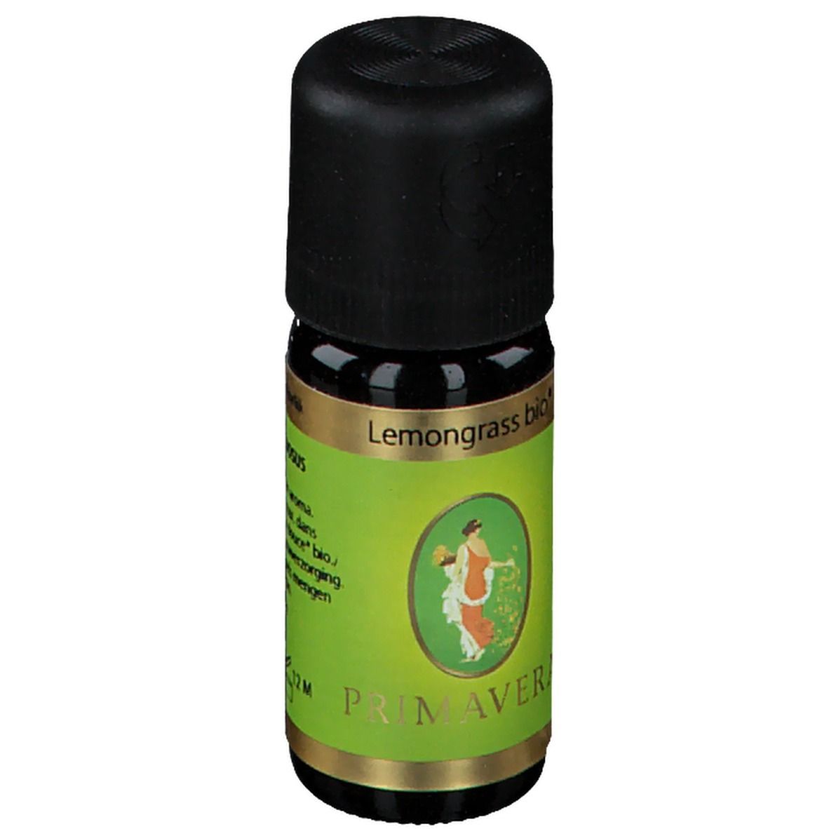 Flacon en verre brun avec bouchon noir. Étiquette "Lemongrass bio" et logo PRIMAVERA. Texte: 10 ml.