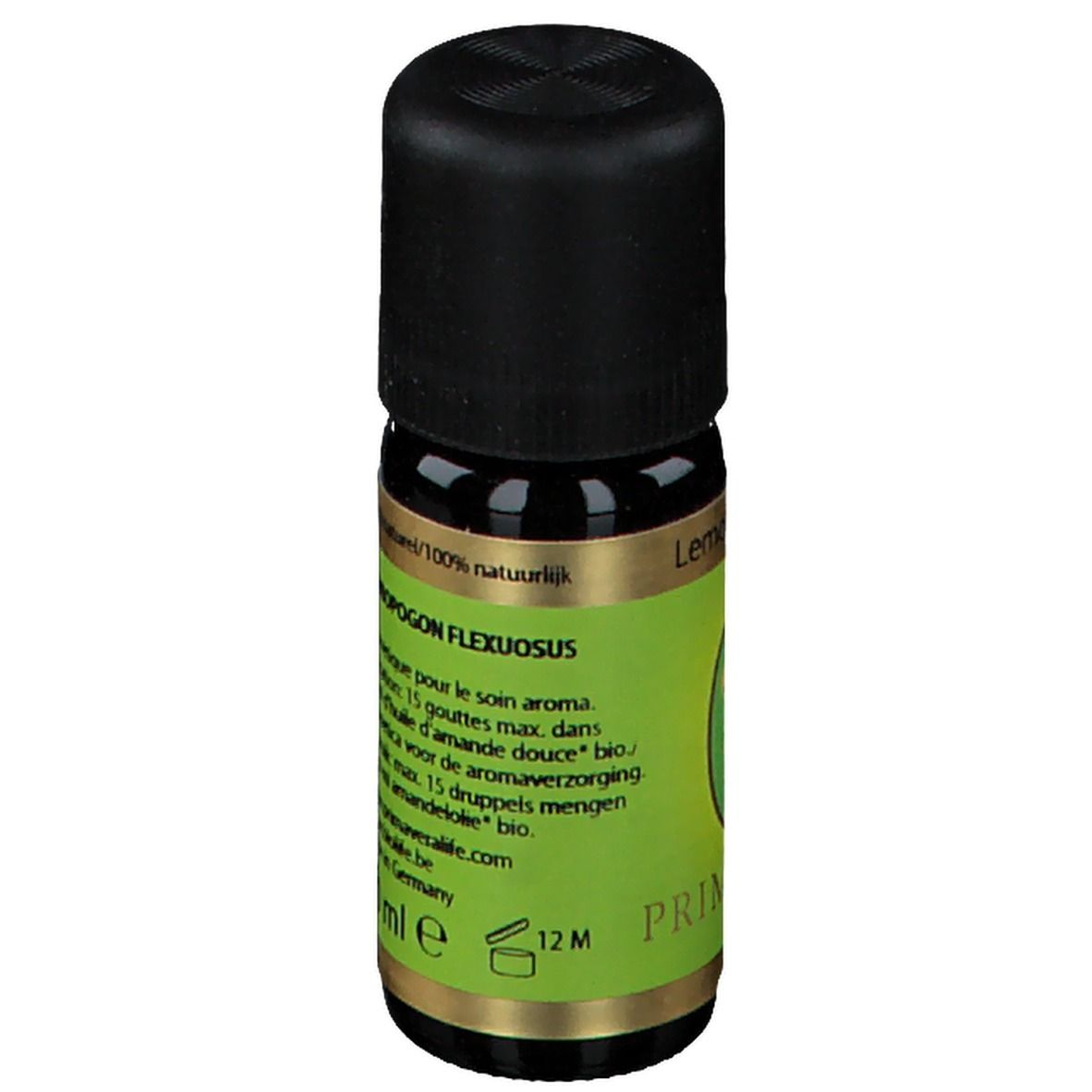 Flacon en verre brun avec bouchon noir. Étiquette avec texte: CYMBOPOGON FLEXUOSUS, 100% naturel, 10 ml, 12 M.