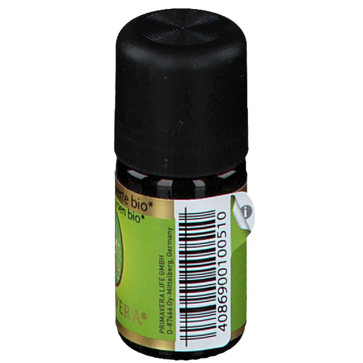 Flacon en verre brun avec bouchon noir. Étiquette avec informations produit et code-barres. Logo PRIMAVERA®.