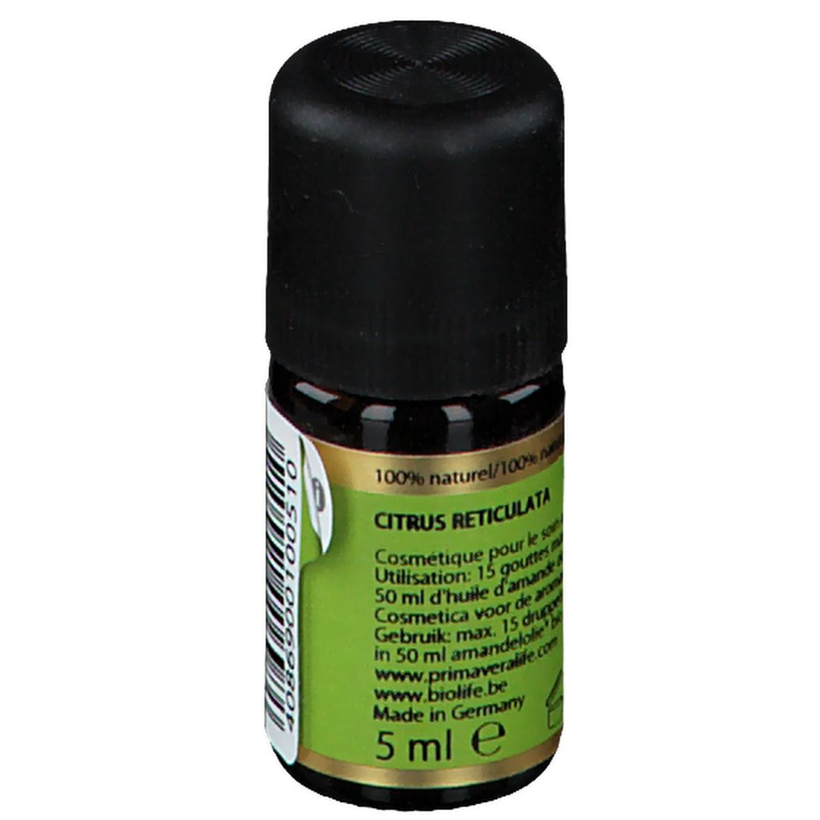 Flacon en verre brun avec bouchon noir. Étiquette avec nom du produit, ingrédients et volume: 5 ml.