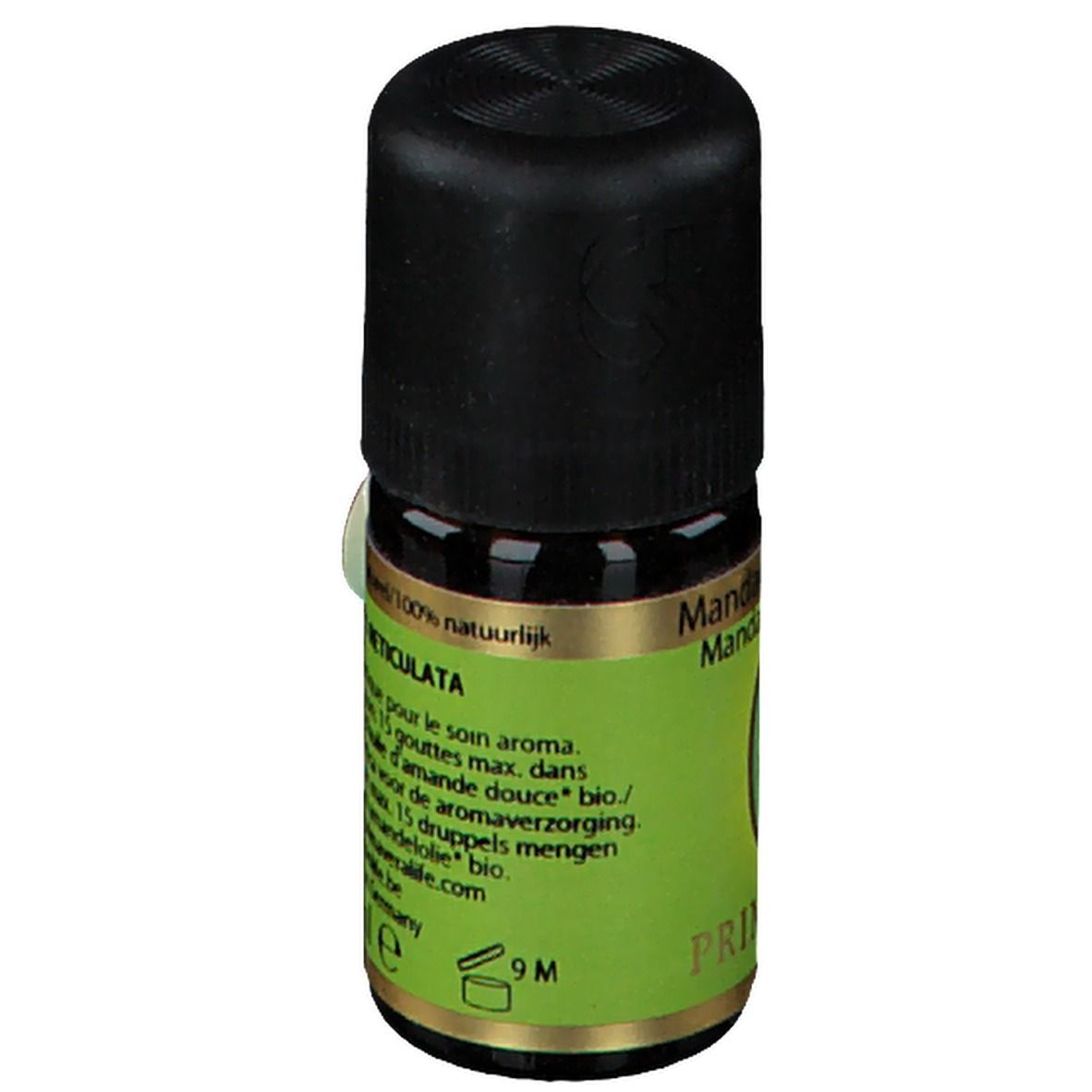 Flacon en verre brun avec bouchon noir. Étiquette avec nom du produit, ingrédients et volume: 5 ml.