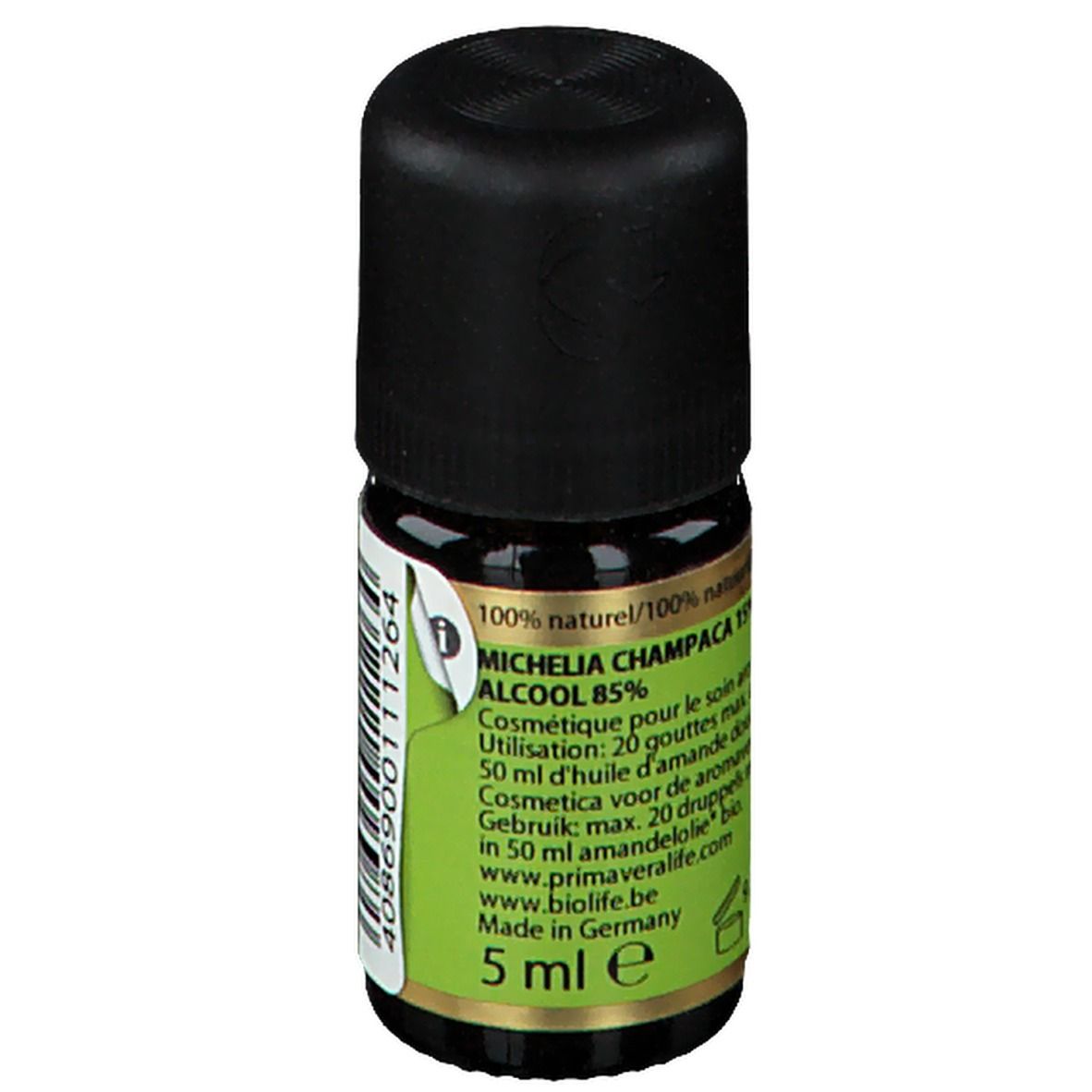 Flacon en verre brun avec bouchon noir. Étiquette avec "MICHELIA CHAMPACA 85%" et "5 ml e".