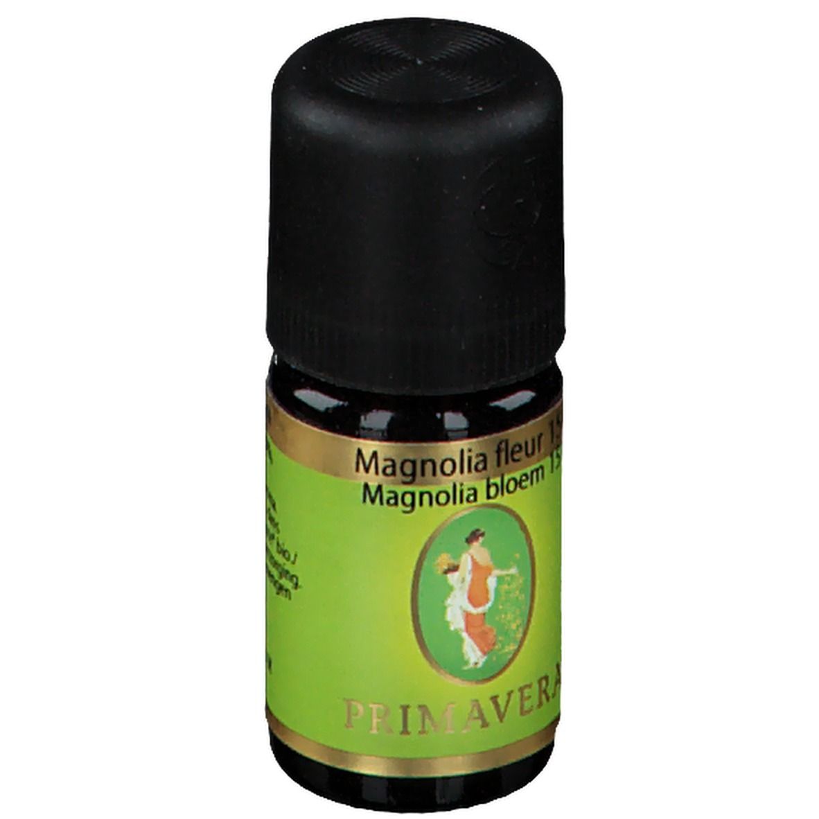 Flacon en verre brun avec bouchon noir. Étiquette avec "Magnolia fleur 15%" et "PRIMAVERA®".