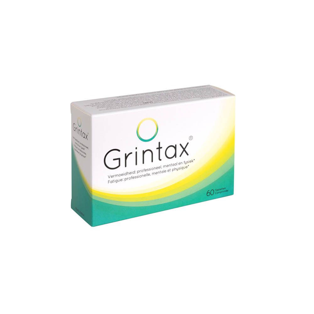 Doosje "Grintax" met 60 tabletten. Grünenthal logo. Meertalige tekst.