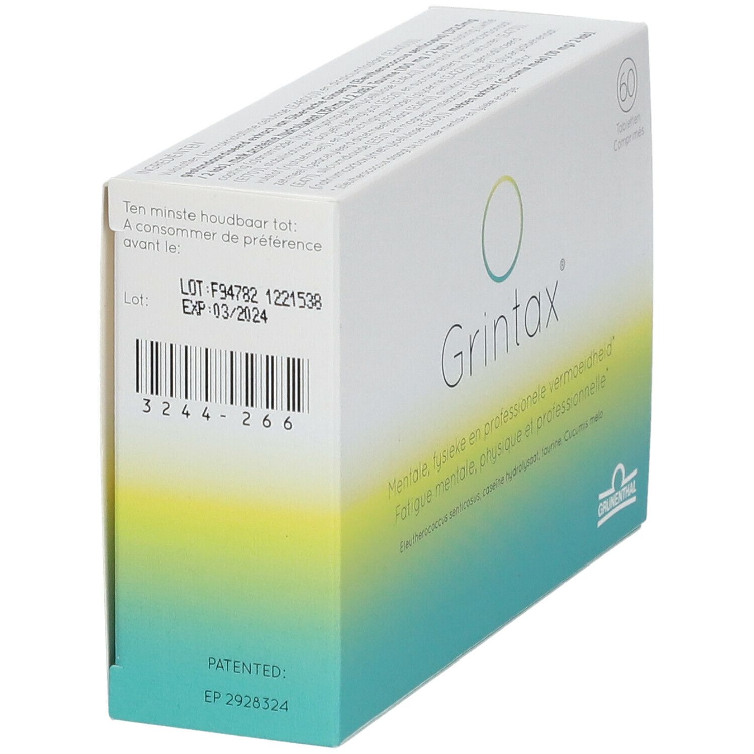 Doosje "Grintax". Achterkant met lotnummer, vervaldatum en barcode. Grünenthal.