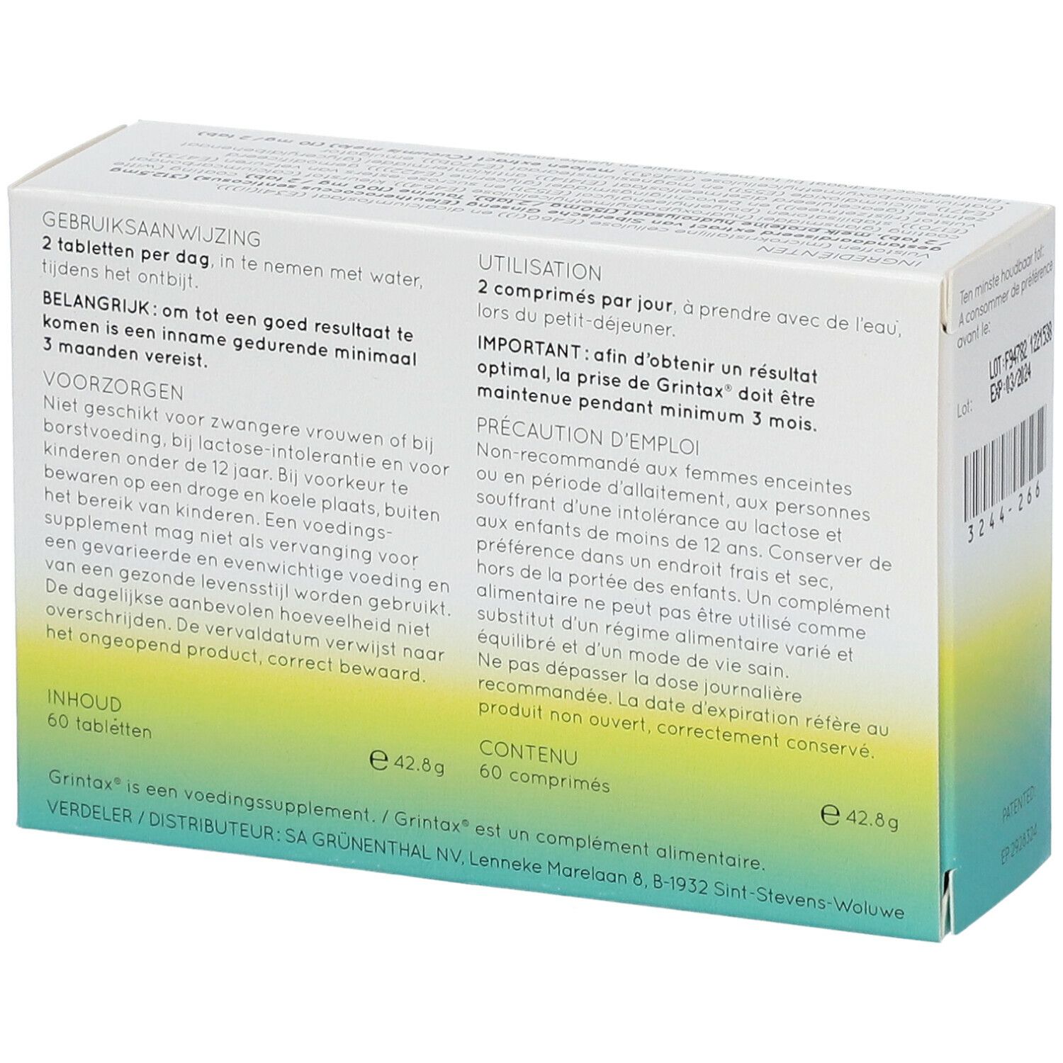 Doosje "Grintax". Tekst over gebruik en ingrediënten. 60 tabletten. Grünenthal.