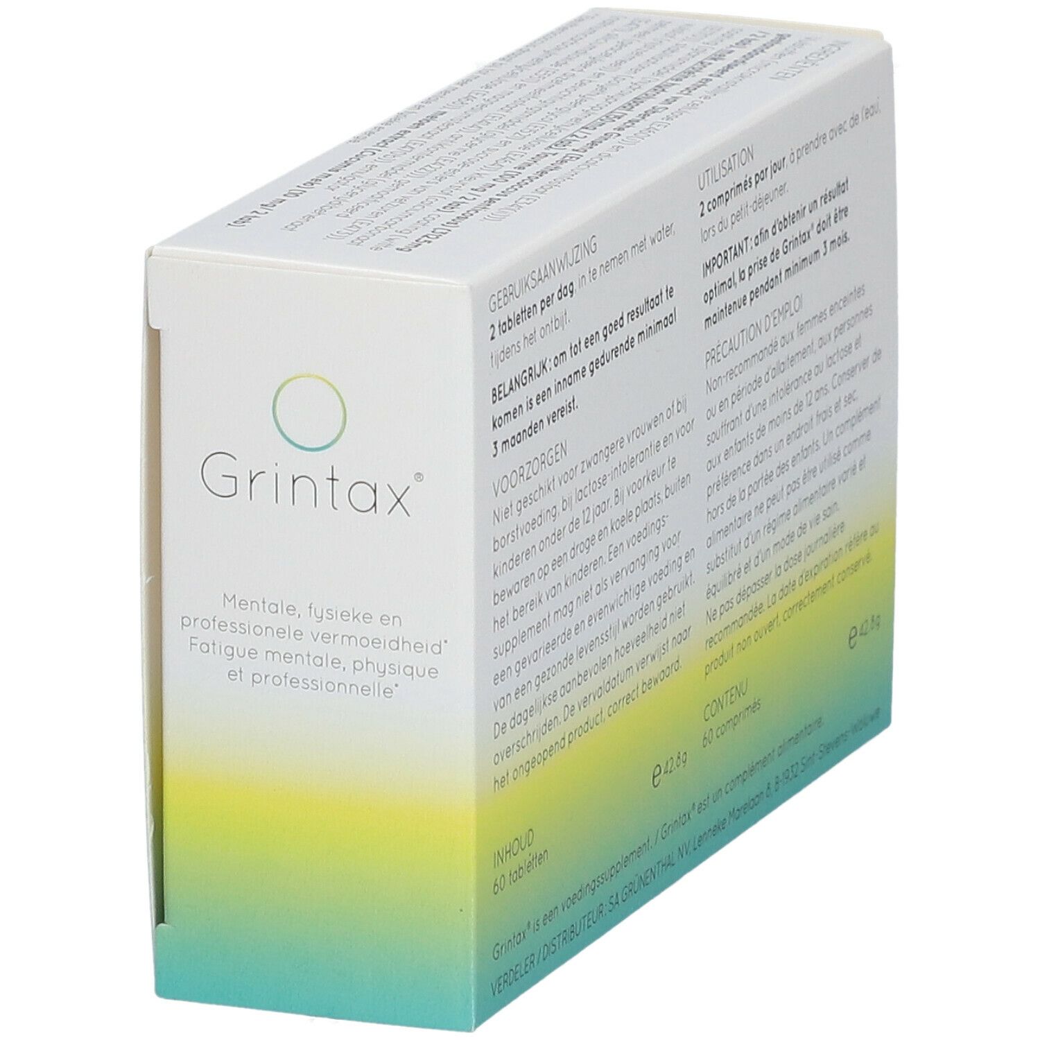 Doosje "Grintax". Tekst over gebruik en ingrediënten. 60 tabletten. Grünenthal.