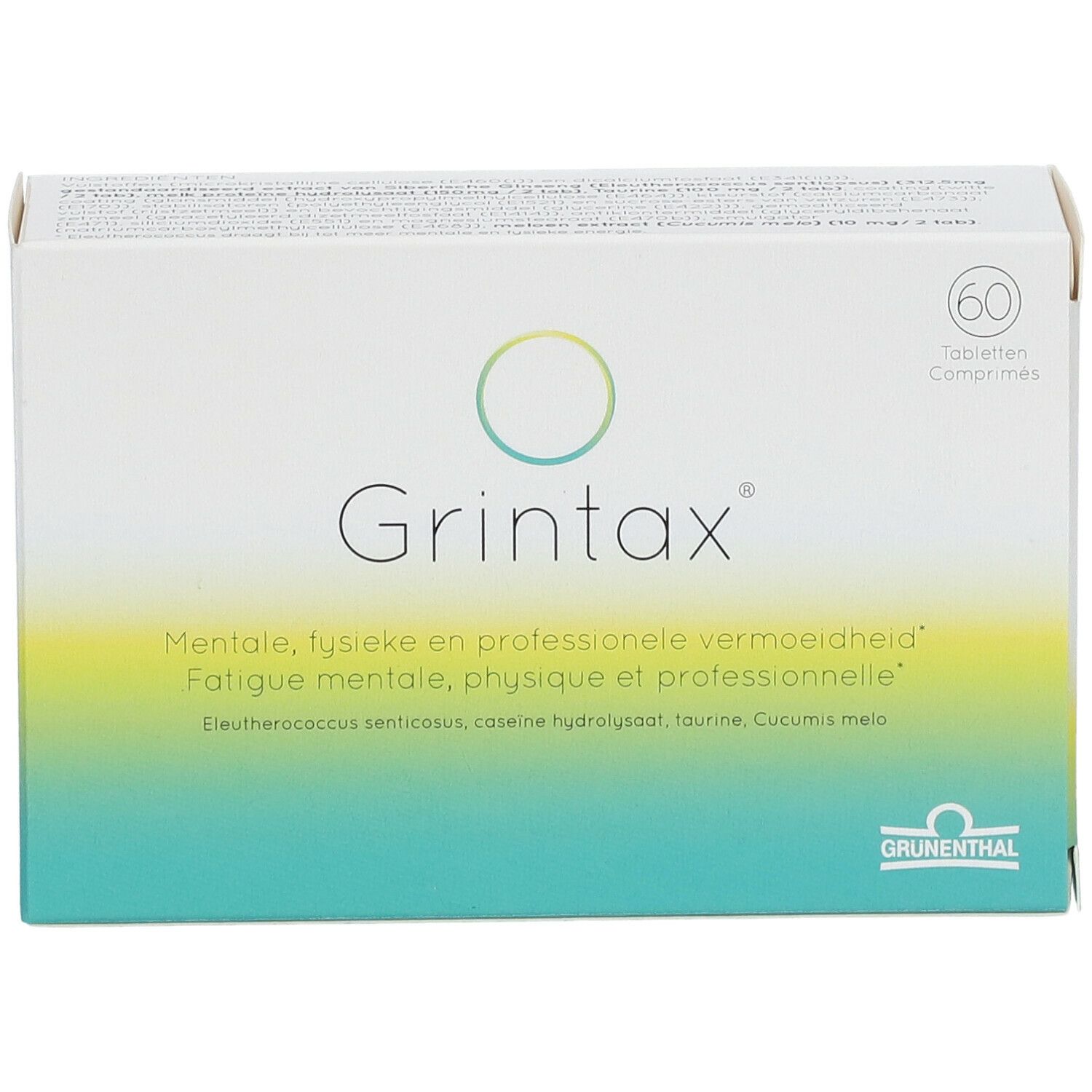 Doosje "Grintax" met 60 tabletten. Grünenthal logo. Meertalige tekst.