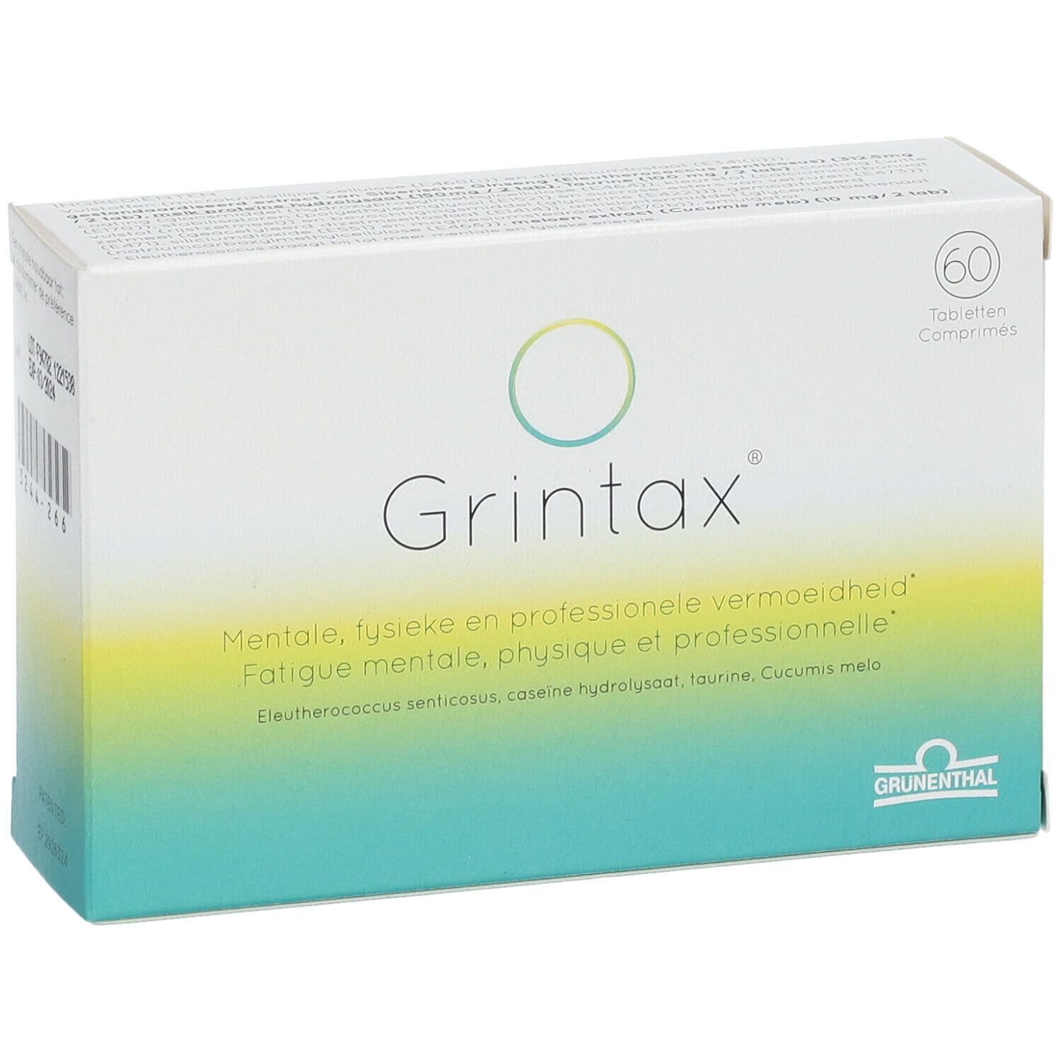 Doosje "Grintax" met 60 tabletten. Grünenthal logo. Meertalige tekst.