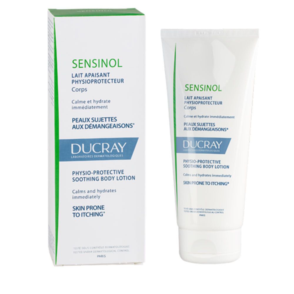 Produktverpackung: Tube und Schachtel. Text: SENSINOL, Lait apaisant, Peaux sujettes aux démangeaisons. Marke: DUCRAY.