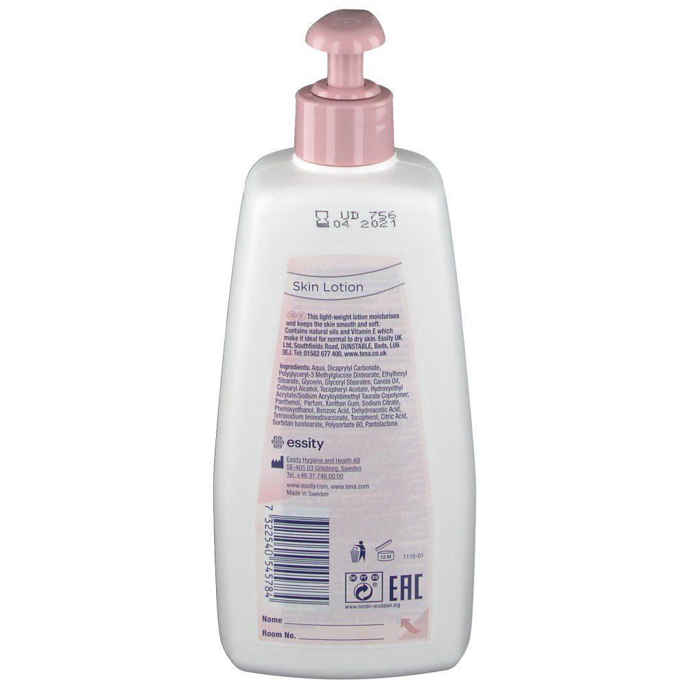 Dos d'un flacon blanc avec pompe rose. Texte : Skin Lotion. Ingrédients et informations.