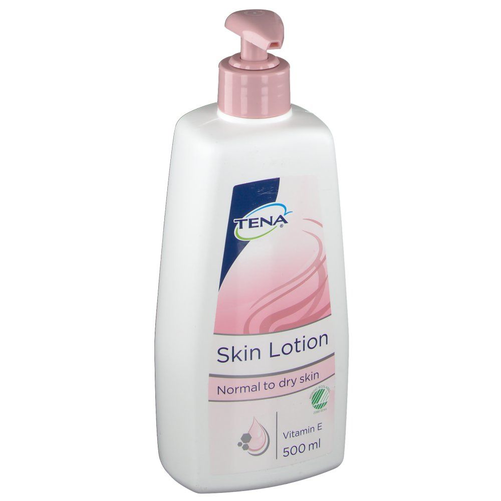 Flacon blanc avec pompe rose. Inscription : TENA Skin Lotion. Pour peaux normales à sèches. 500 ml.