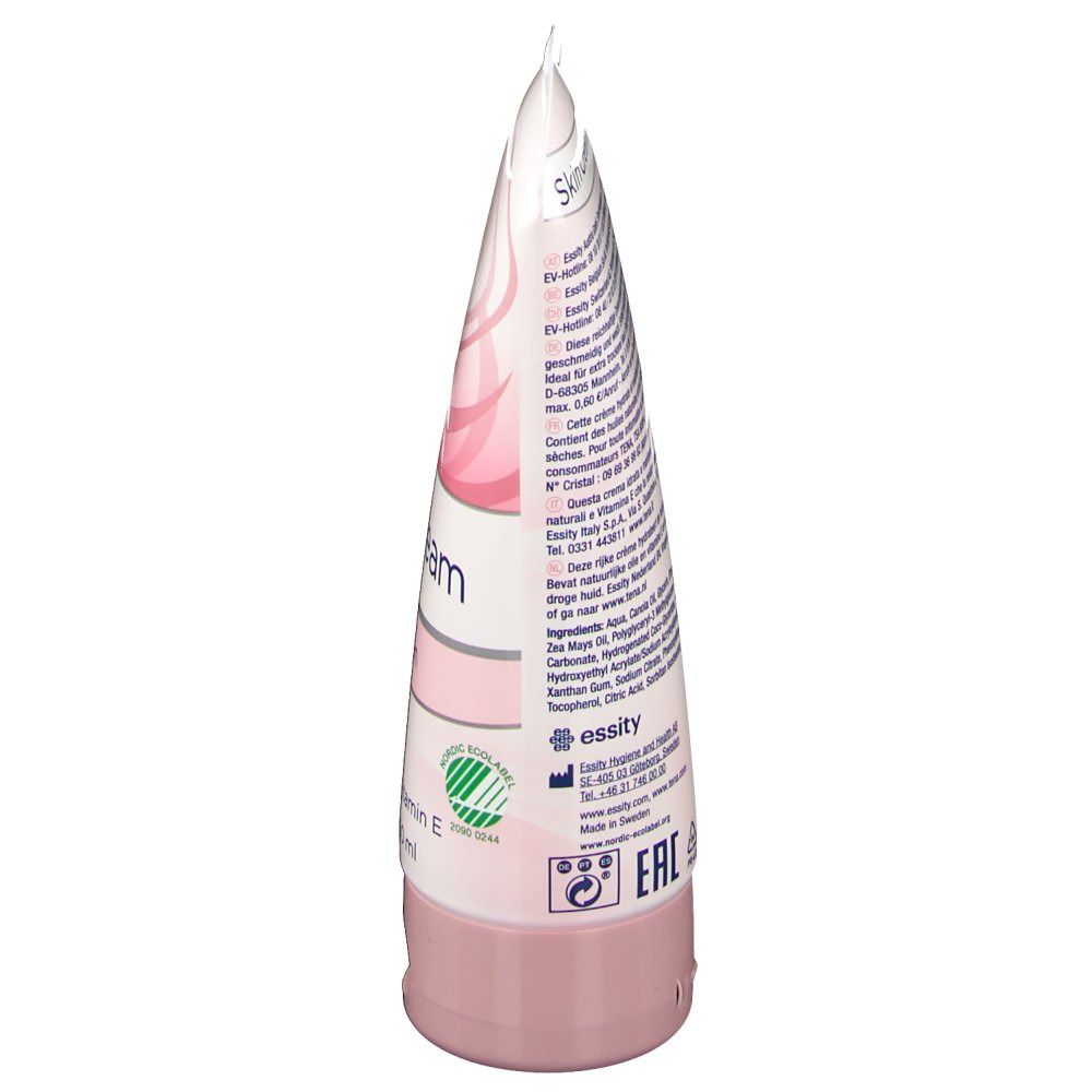 Dos d'un tube de Skin Cream. Texte en plusieurs langues. Tube rose avec bouchon blanc. Logo Essity.