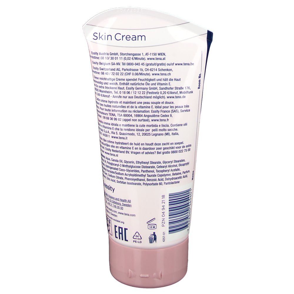 Dos d'un tube de Skin Cream. Texte en plusieurs langues. Tube rose avec bouchon blanc. Logo Essity.