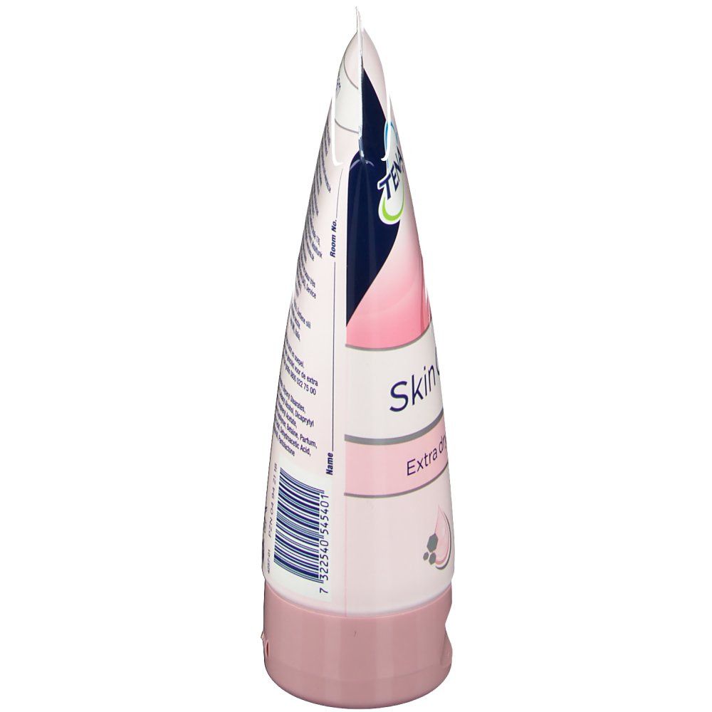 Vue latérale d'un tube de Skin Cream. Texte en plusieurs langues. Tube rose avec bouchon blanc.