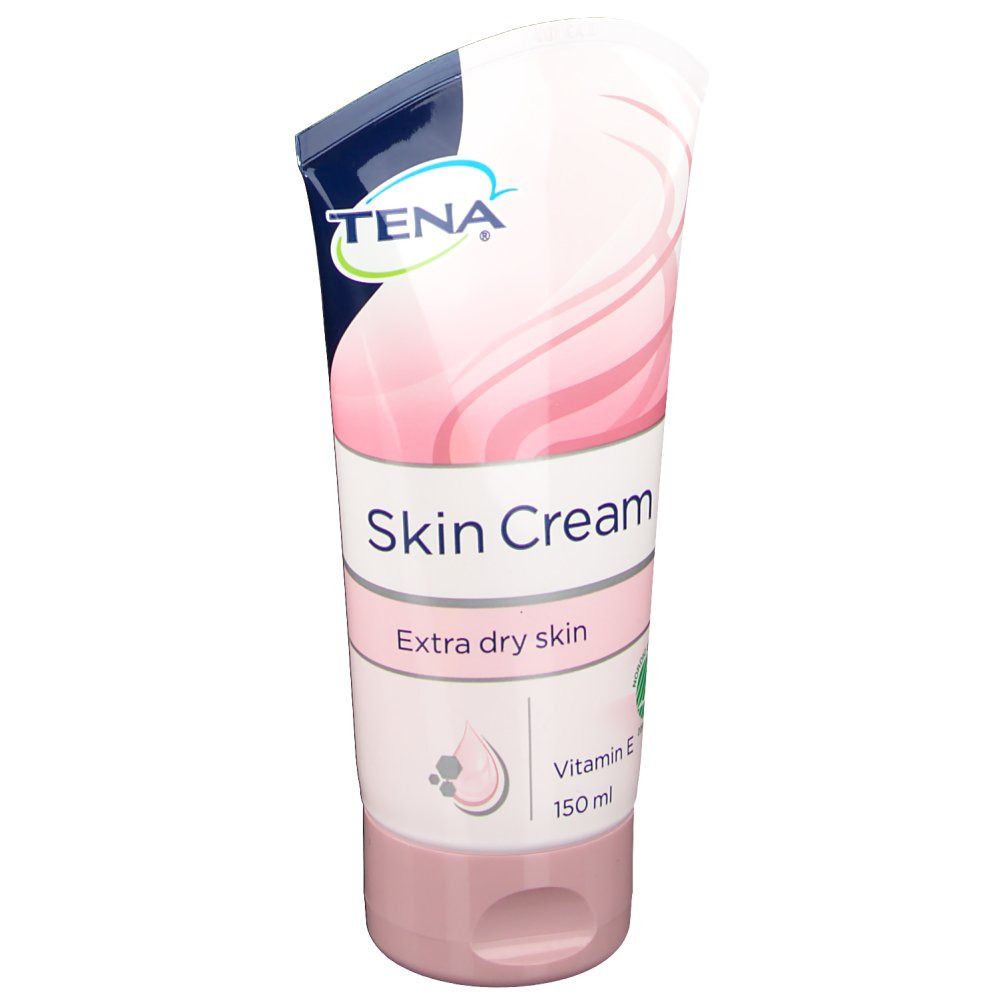 Tube rose avec logo TENA et inscription Skin Cream. Pour peaux très sèches. Contient de la vitamine E. 150 ml.