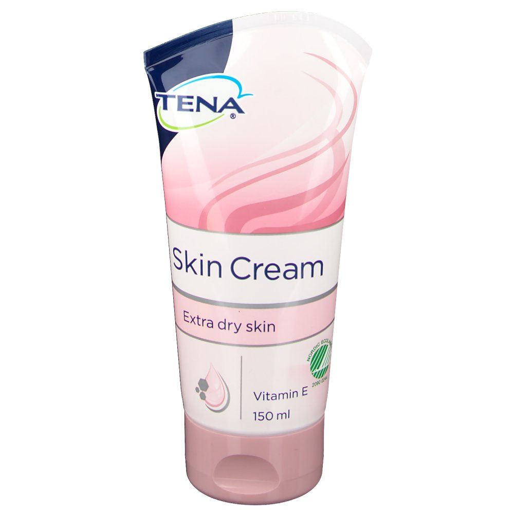Tube rose avec logo TENA et inscription Skin Cream. Pour peaux très sèches. Contient de la vitamine E. 150 ml.