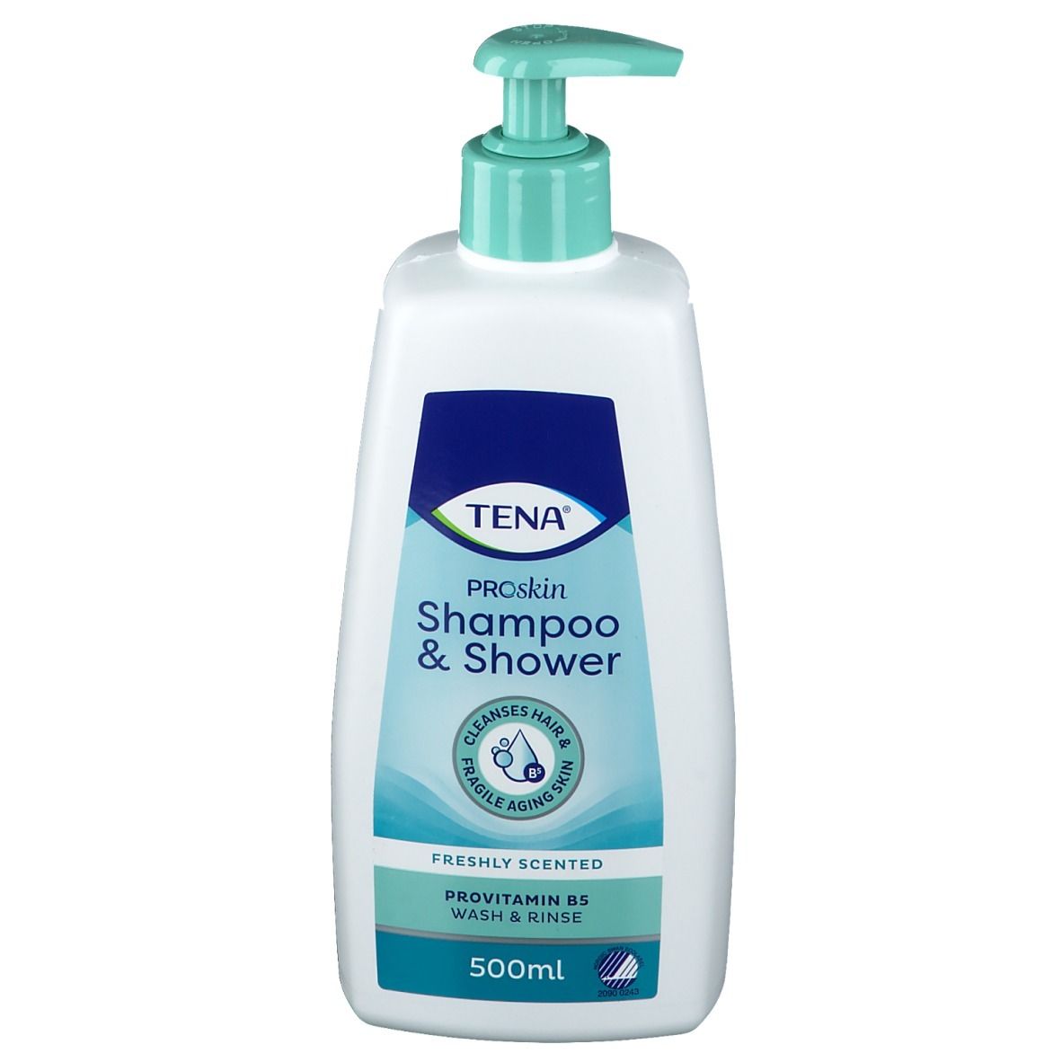 Flacon blanc avec étiquette bleu-vert. Inscription : TENA ProSkin Shampoo & Shower. Avec pompe doseuse.