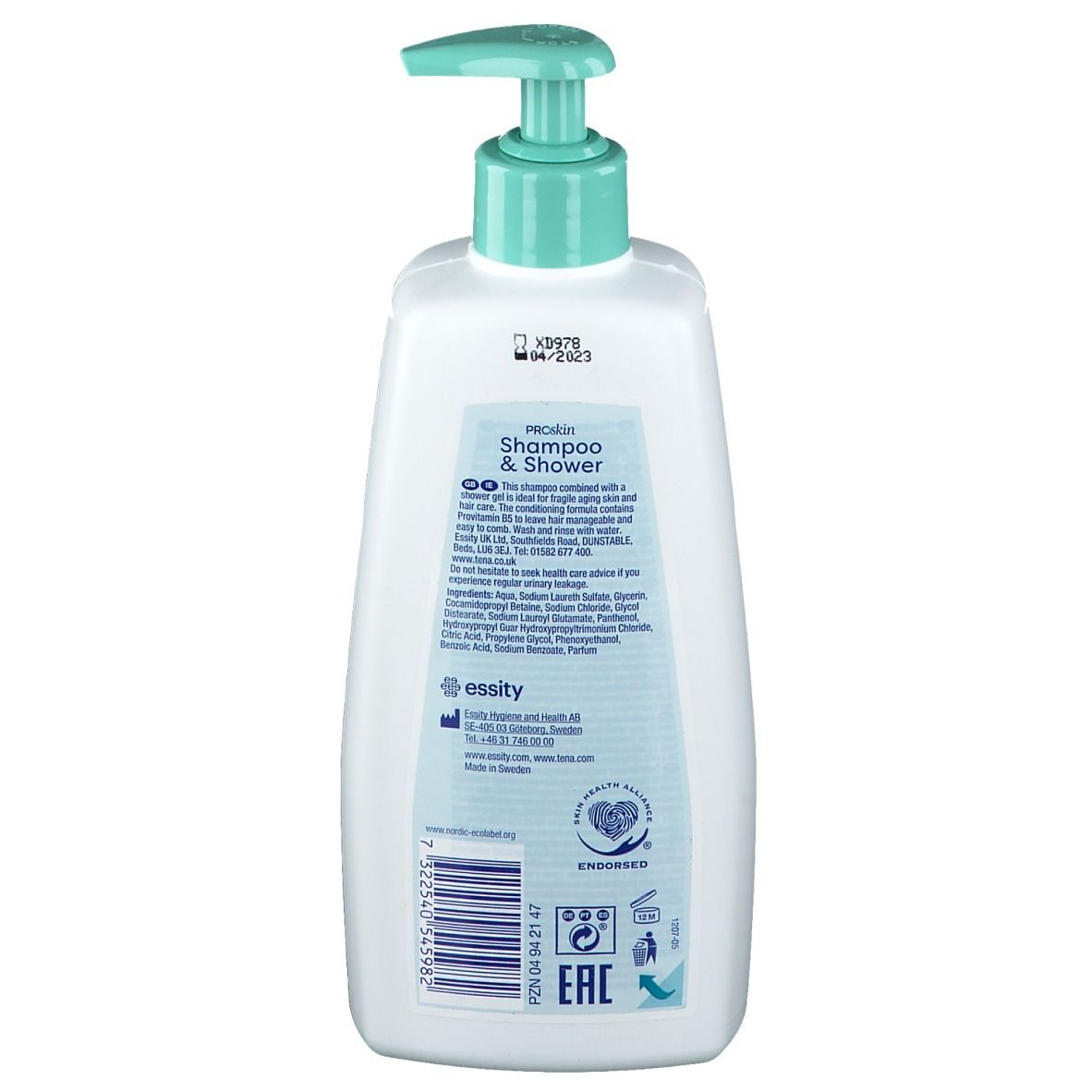 Dos du flacon blanc. Inscription : TENA ProSkin Shampoo & Shower. Avec ingrédients et informations fabricant.