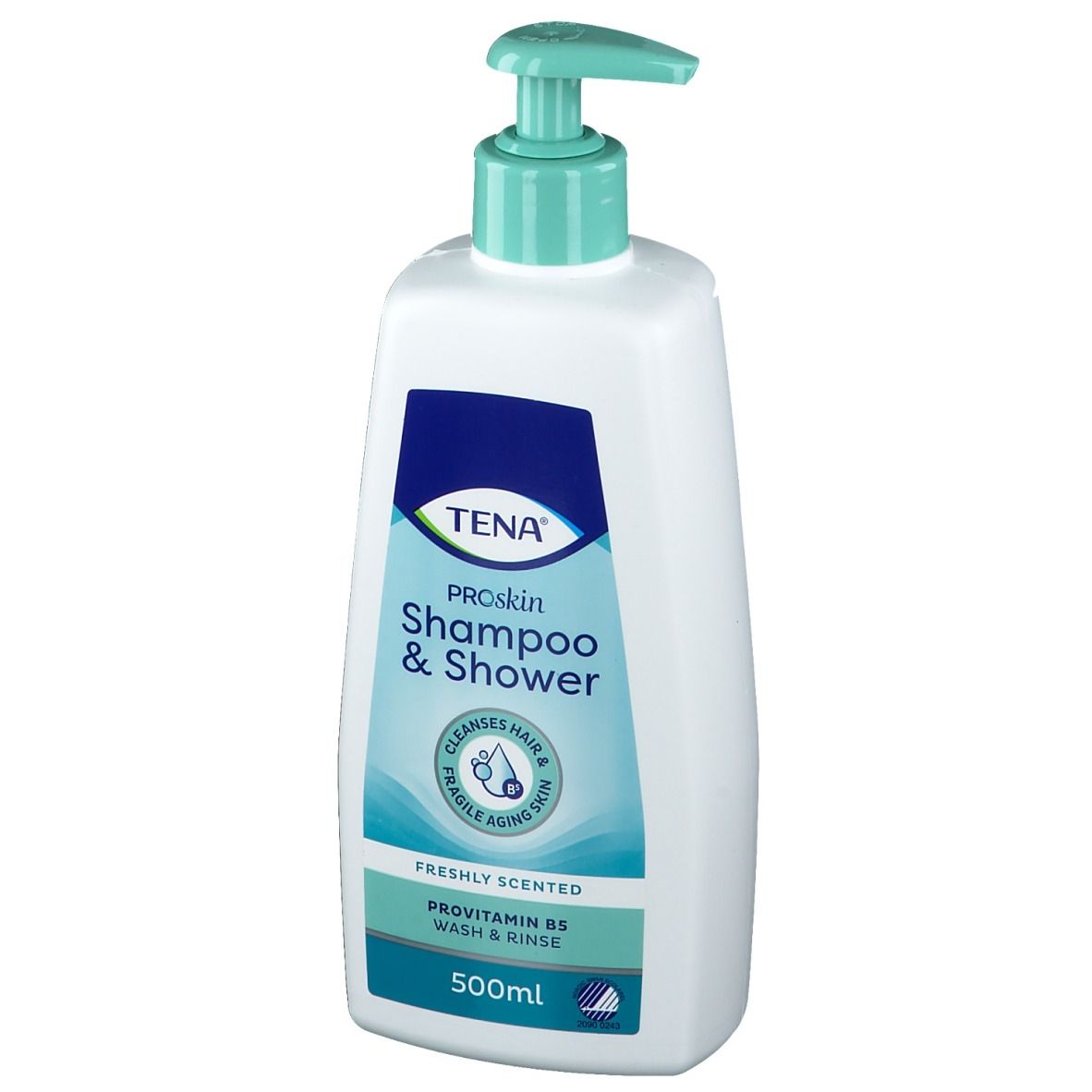 Flacon blanc avec étiquette bleu-vert. Inscription : TENA ProSkin Shampoo & Shower. Avec pompe doseuse.