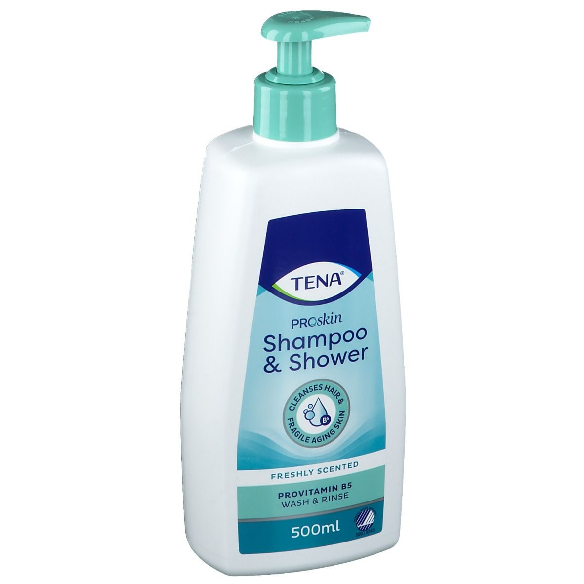 Flacon blanc avec étiquette bleu-vert. Inscription : TENA ProSkin Shampoo & Shower. Avec pompe doseuse.