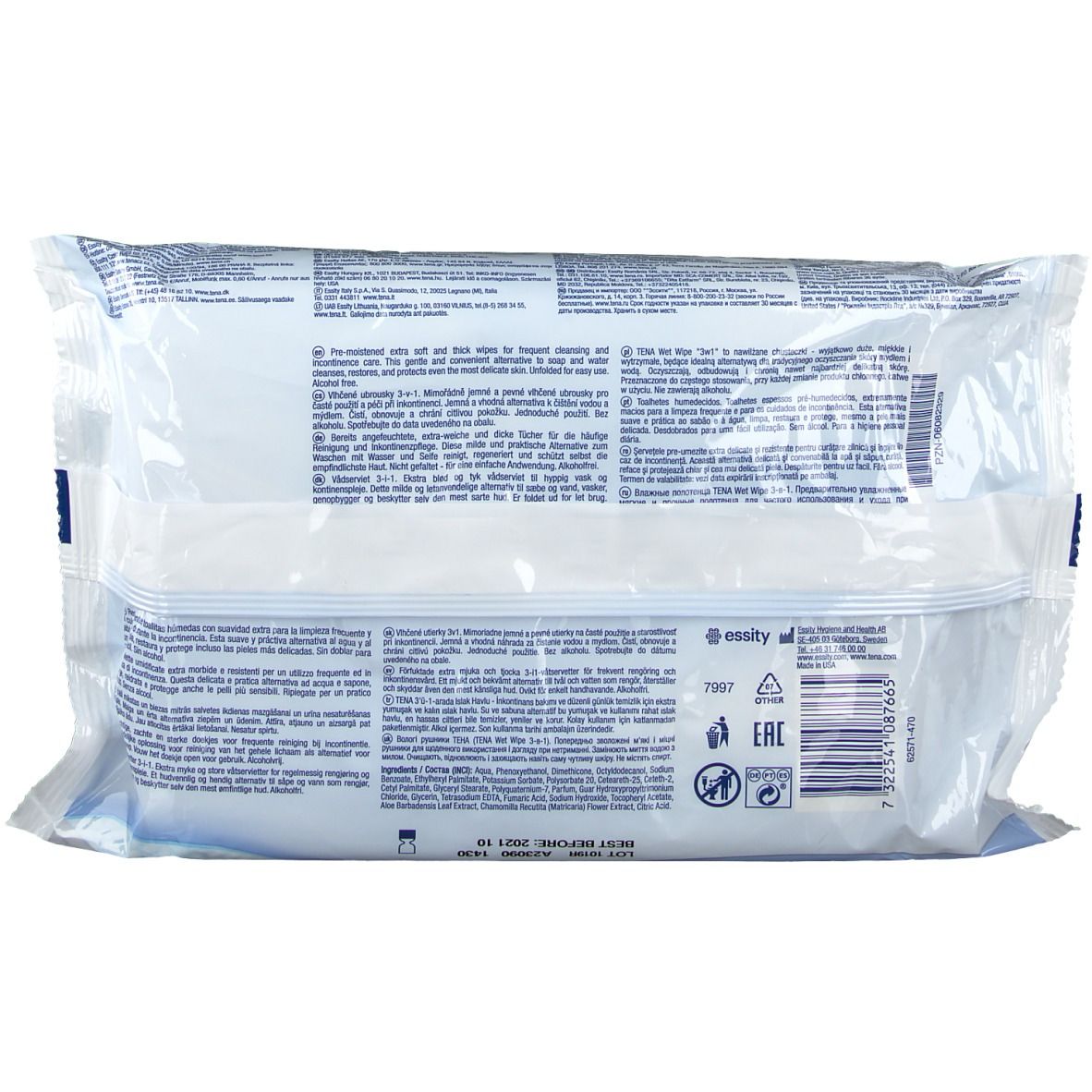 Paquet de lingettes humides. Arrière avec informations et logos du produit. Film transparent.