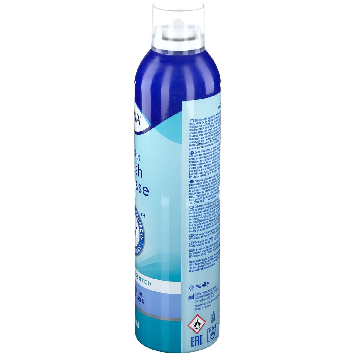 Flacon bleu et blanc. Texte: TENA Wash Mousse. 3en1. Parfum frais. Pour peau fragile. 400ml.