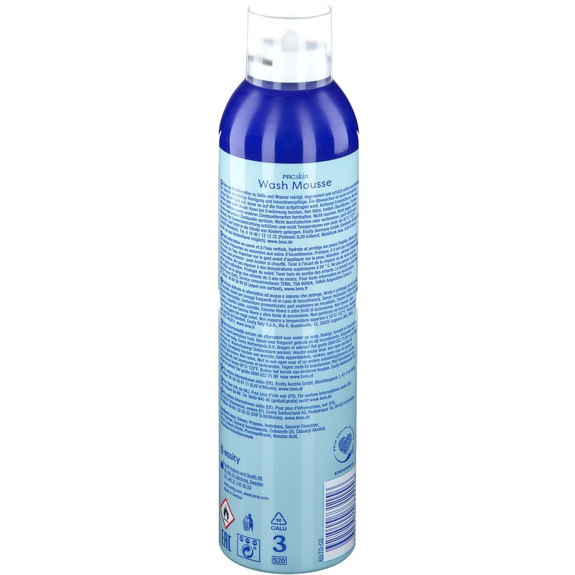 Flacon bleu et blanc. Texte: TENA Wash Mousse. 3en1. Parfum frais. Pour peau fragile. 400ml.