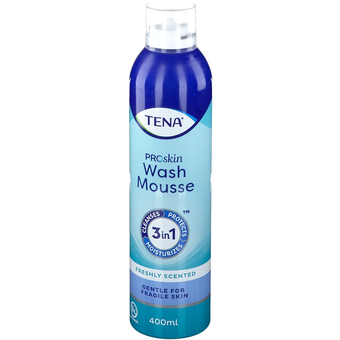 Flacon bleu et blanc. Texte: TENA ProSkin Wash Mousse. 3en1. Nettoie, protège, hydrate. Parfum frais. 400ml.