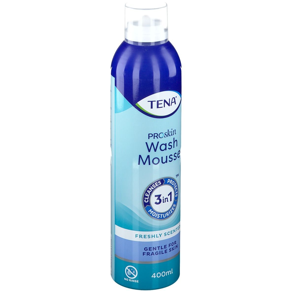 Flacon bleu et blanc. Texte: TENA ProSkin Wash Mousse. 3en1. Nettoie, protège, hydrate. Parfum frais. 400ml.