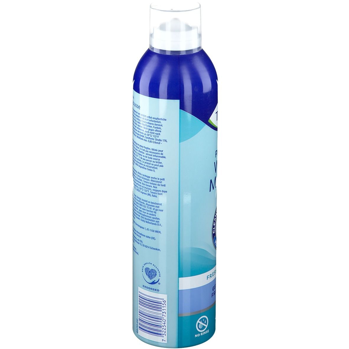 Flacon bleu et blanc. Texte: TENA Wash Mousse. 3en1. Parfum frais. Pour peau fragile. 400ml.
