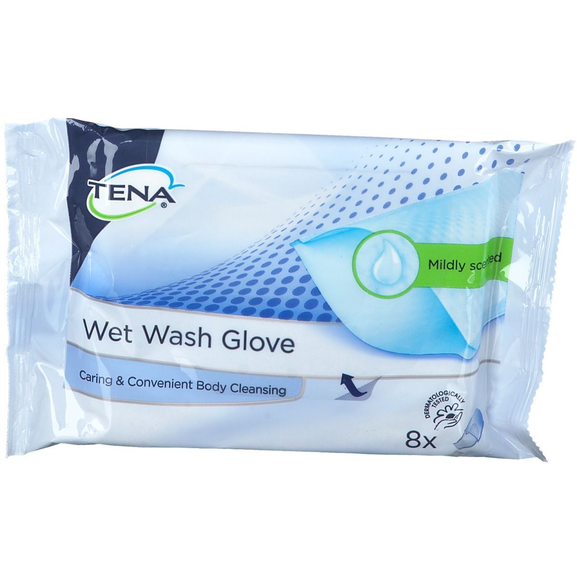 Emballage de TENA Wet Wash Glove. Inscription: Caring & Convenient Body Cleansing. 8 pièces. Testé dermatologiquement. Parfum léger.