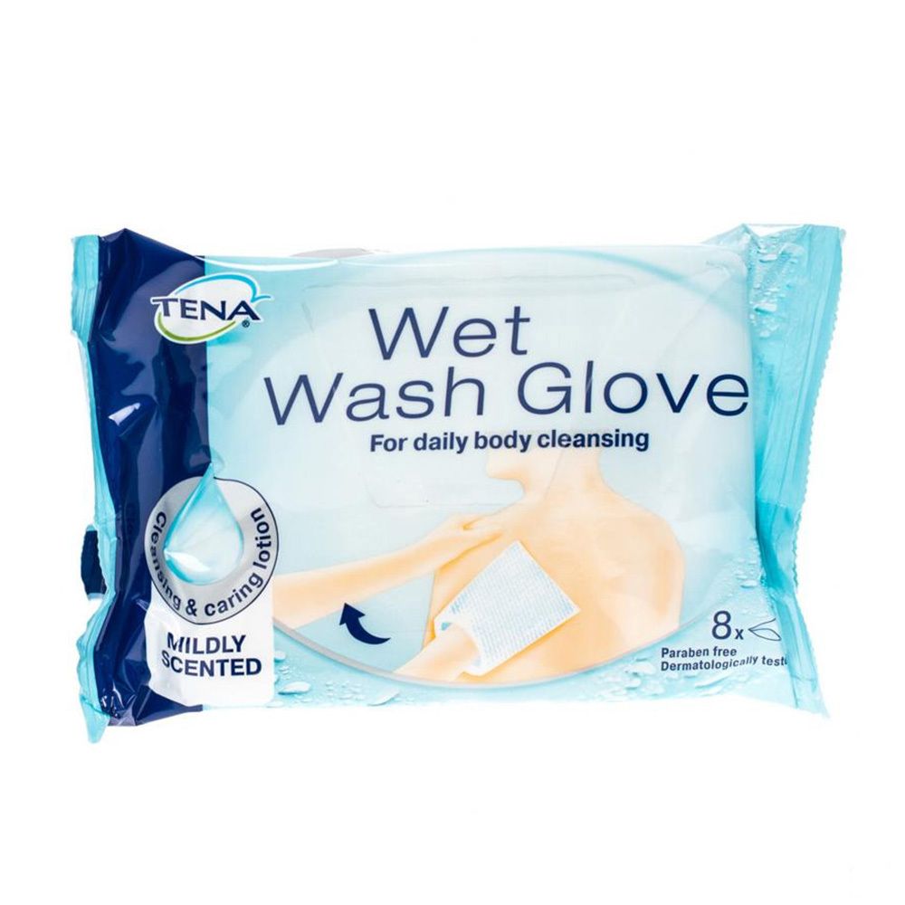 Verpakking van TENA Wet Wash Glove. Opschrift: Mildly Scented, 8 stuks, parabenenvrij, dermatologisch getest. Illustratie van een arm met een washandje.