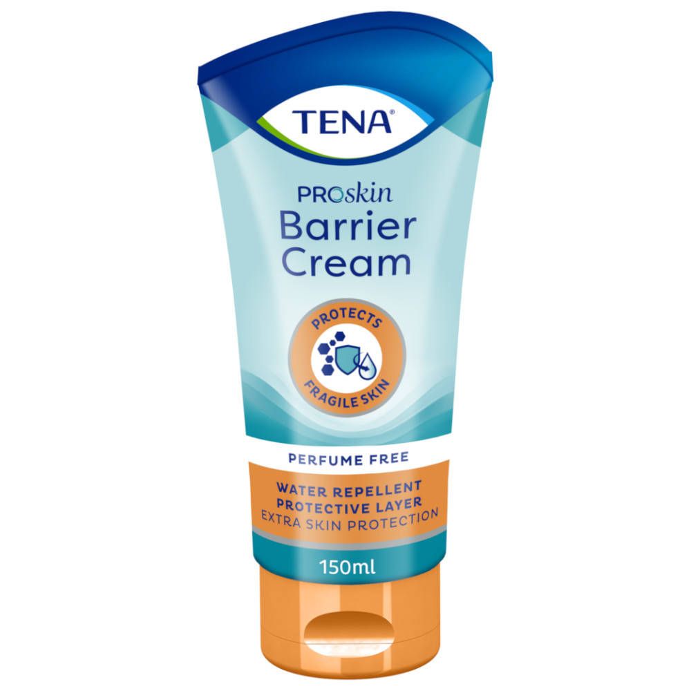 Tube de crème barrière Tena ProSkin. Tube bleu-blanc-orange avec nom et logo du produit. Contient 150 ml. "Protège la peau fragile".