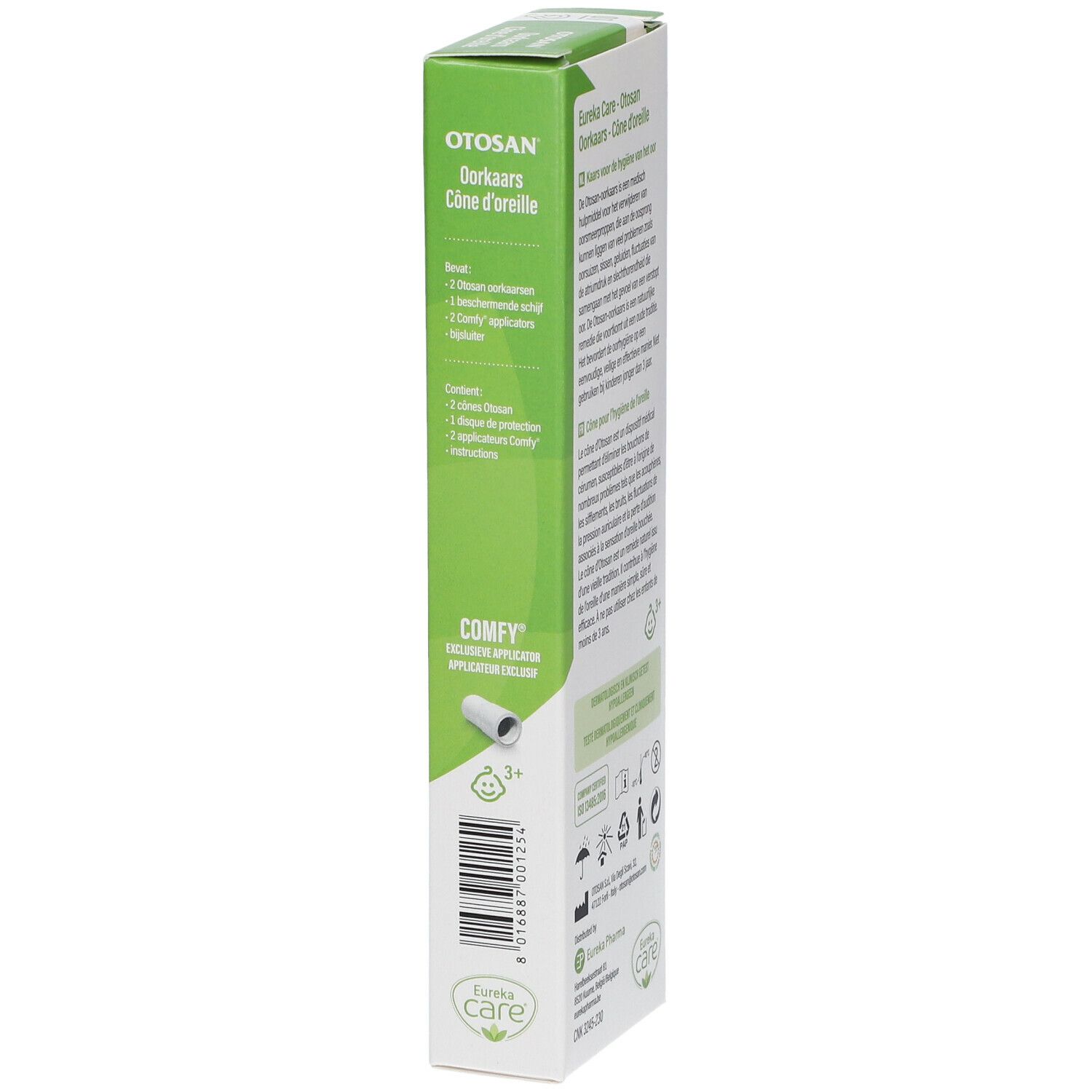Emballage OTOSAN® étroit et vert. Texte et pictogrammes. Contient des informations d'utilisation et des ingrédients.