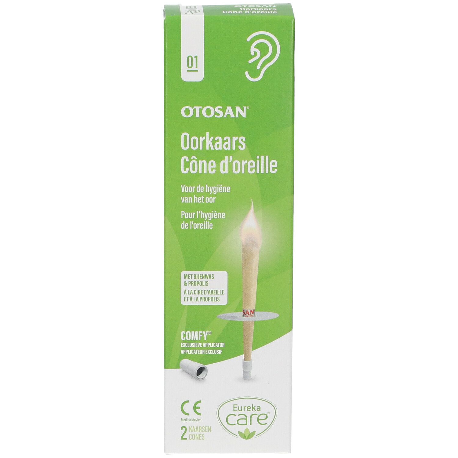 Boîte de cônes auriculaires OTOSAN®. Boîte verte et blanche avec image et texte. Marquage CE et logo Eureka Care.