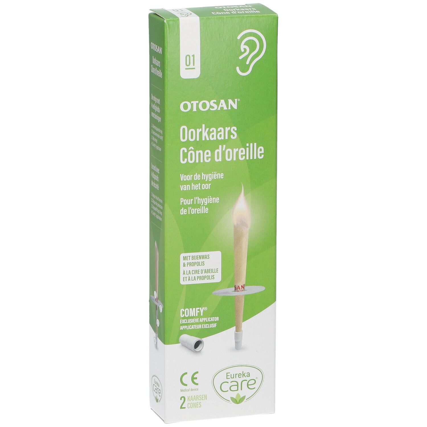 Boîte de cônes auriculaires OTOSAN®. Boîte verte et blanche avec image et texte. Marquage CE et logo Eureka Care.