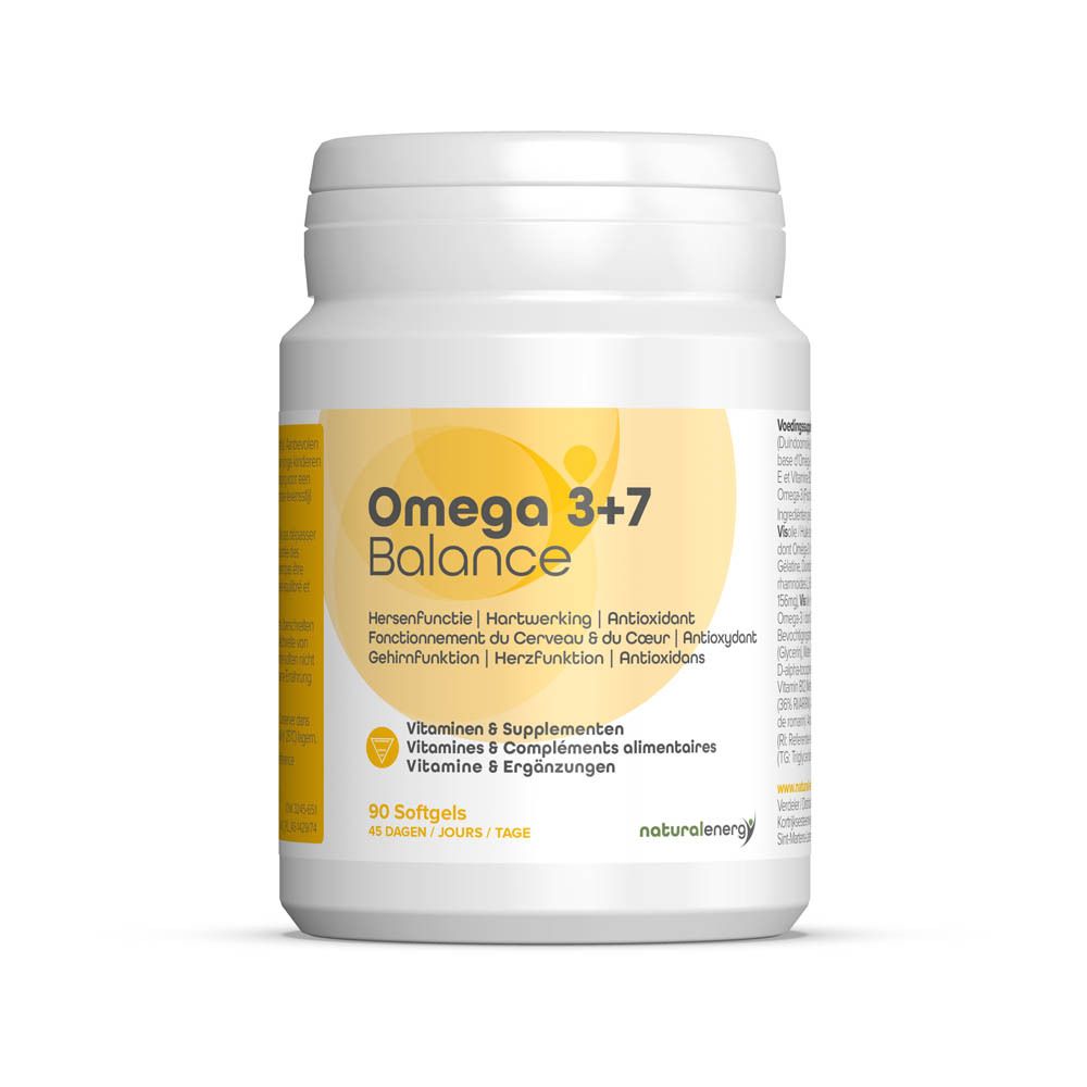 Witte fles Omega 3+7 Balance. Bevat 90 softgels. Opschriften: Hersefunctie, Hartwerking, Antioxidant, Gehirnfunktion, Herzfunktion.