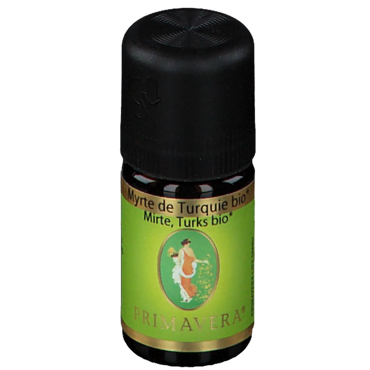 Flacon en verre brun avec bouchon noir. Étiquette verte et dorée avec nom du produit et logo PRIMAVERA. Inscription : Myrte de Turquie bio.
