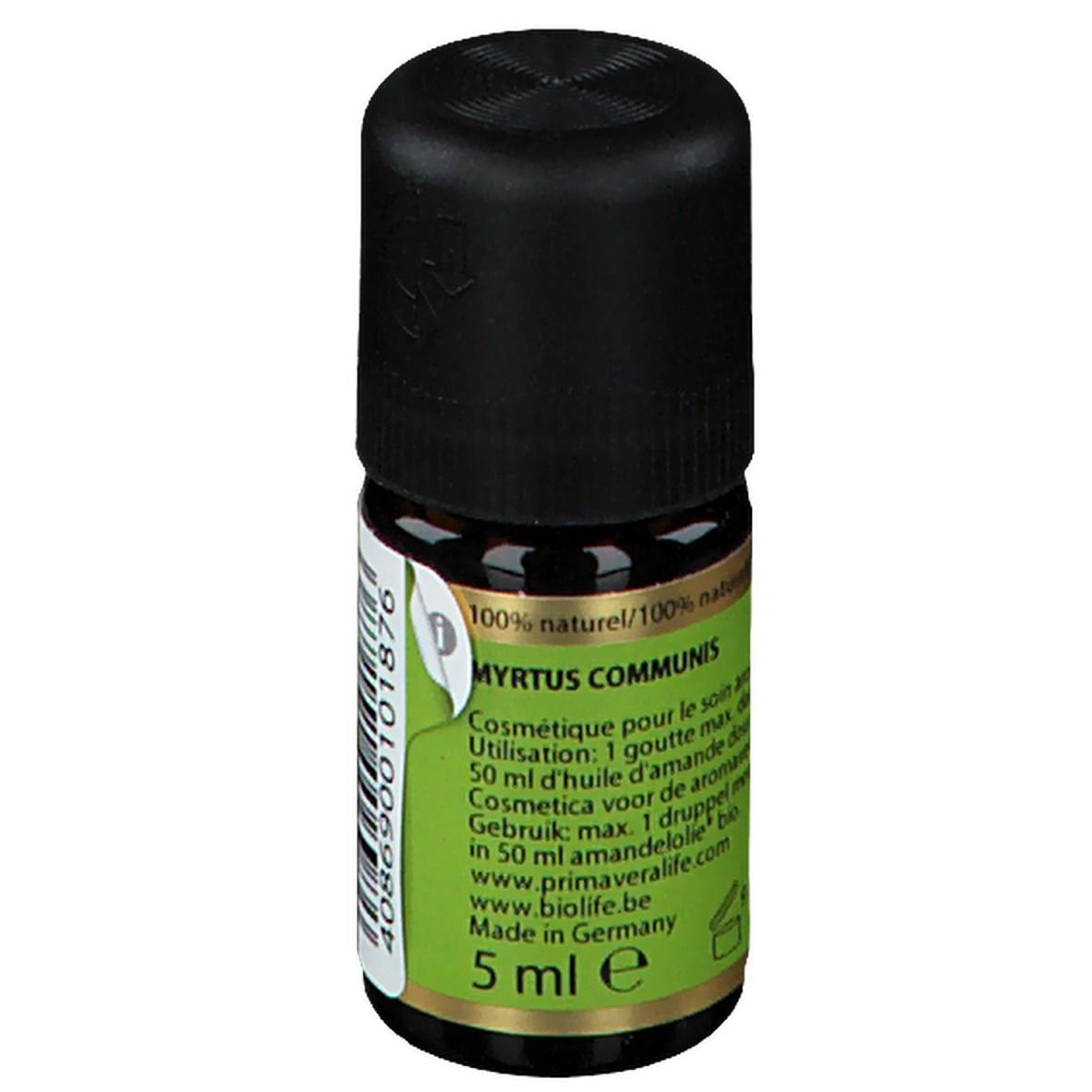 Flacon en verre brun avec bouchon noir. Étiquette verte et dorée avec informations produit et 5 ml. Inscription : MYRTUS COMMUNIS.